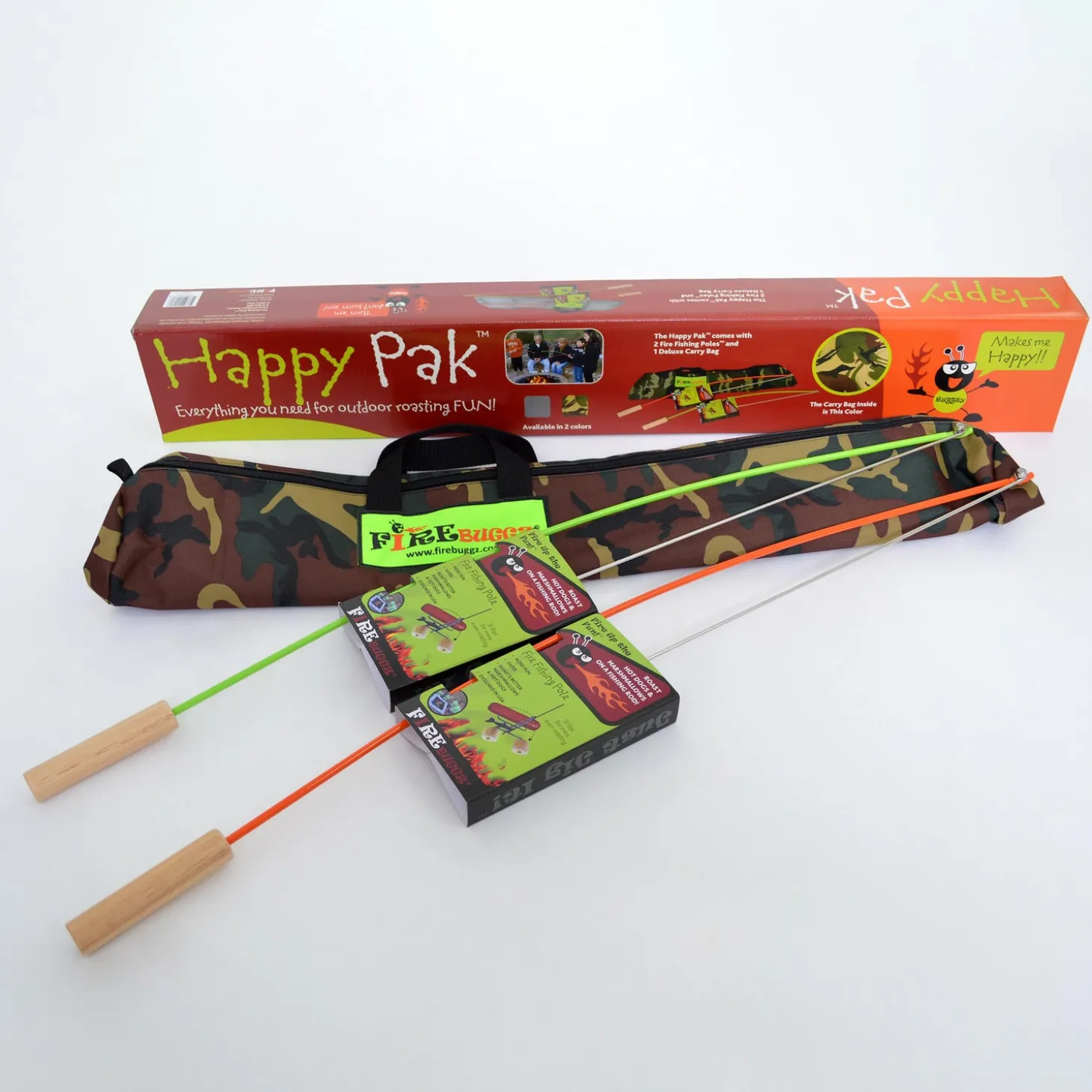 Fire Pits | Fire Pits>Plow & Hearth 3-Piece Campfire Cooking Fishing Rod Roasters with Bag Set Camo