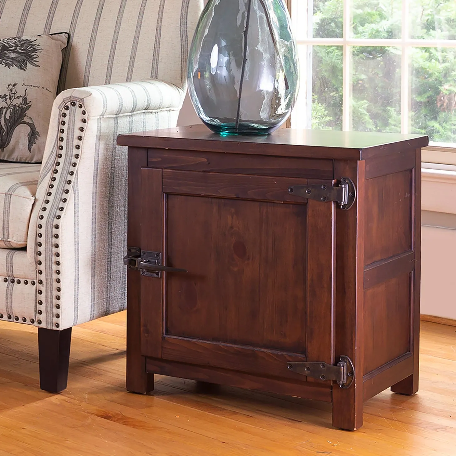 Accent Tables>Plow & Hearth Portland Ice Box Wood Storage Side Table with Replica Hardware Walnut