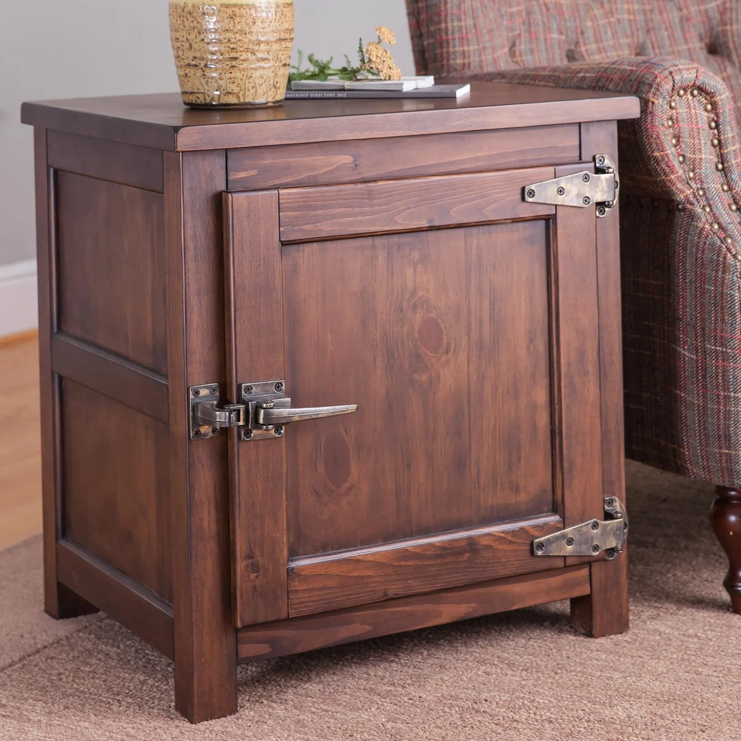 Accent Tables>Plow & Hearth Portland Ice Box Wood Storage Side Table with Replica Hardware Walnut