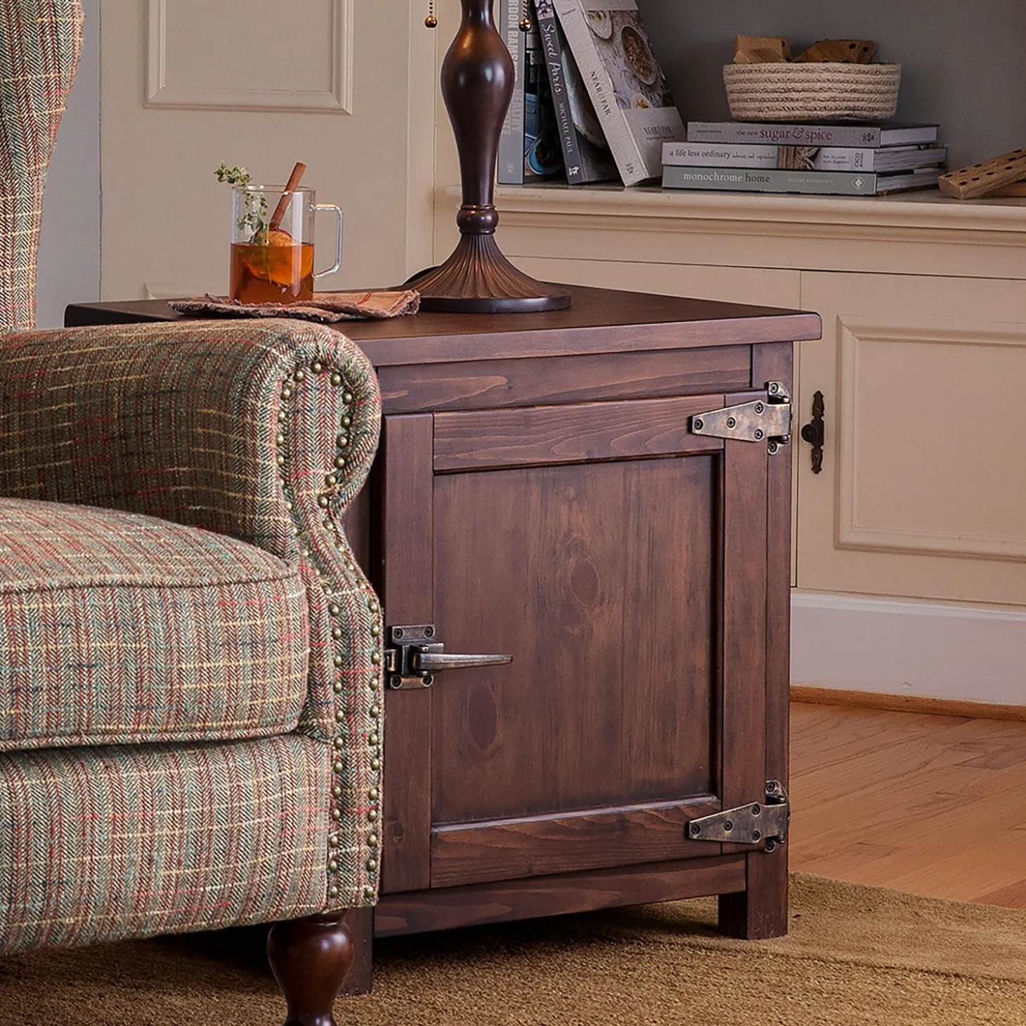 Accent Tables>Plow & Hearth Portland Ice Box Wood Storage Side Table with Replica Hardware Walnut