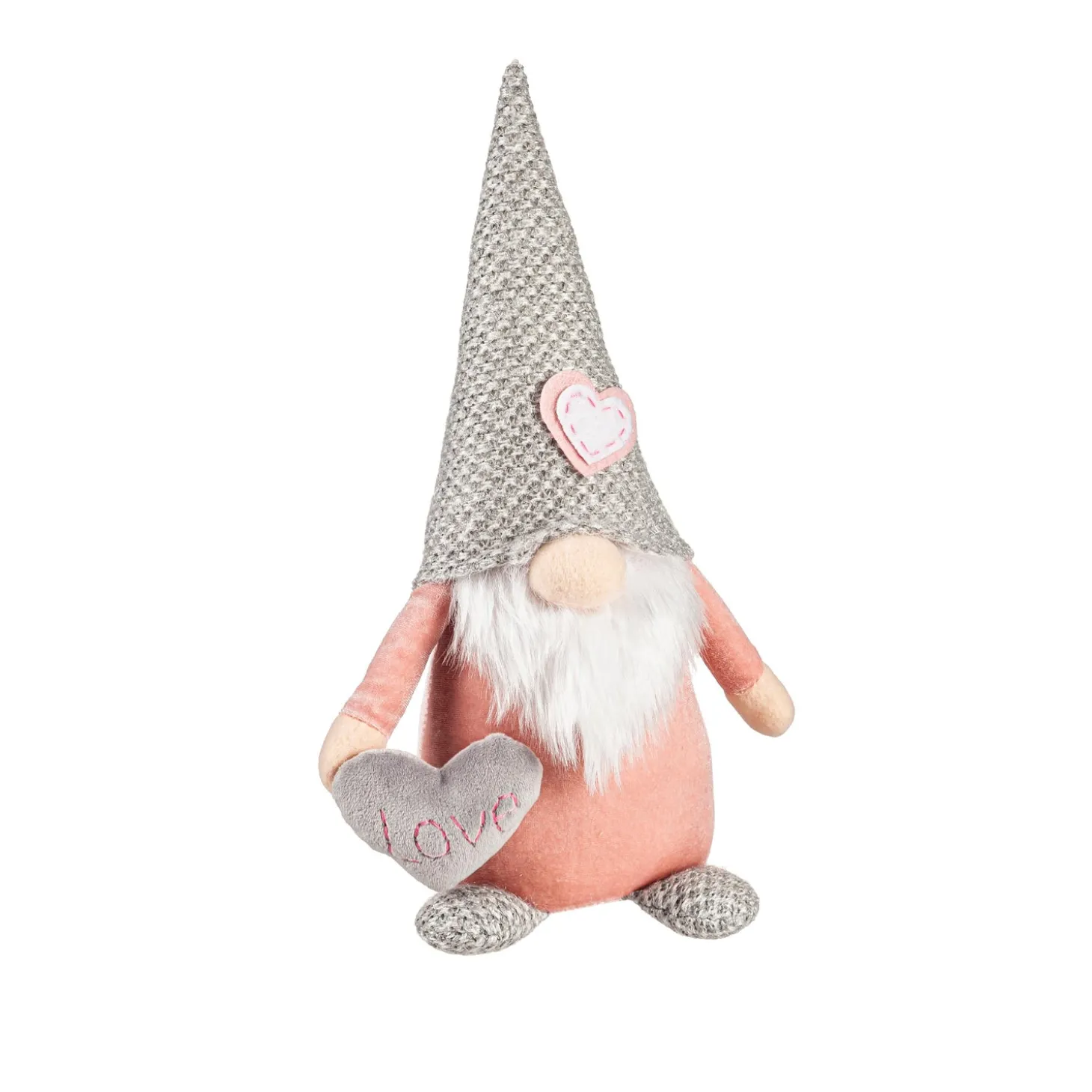 Decorative Accents>Plow & Hearth 13" Fabric Pink and Grey Gnome with Heart Valentine's Table Décor