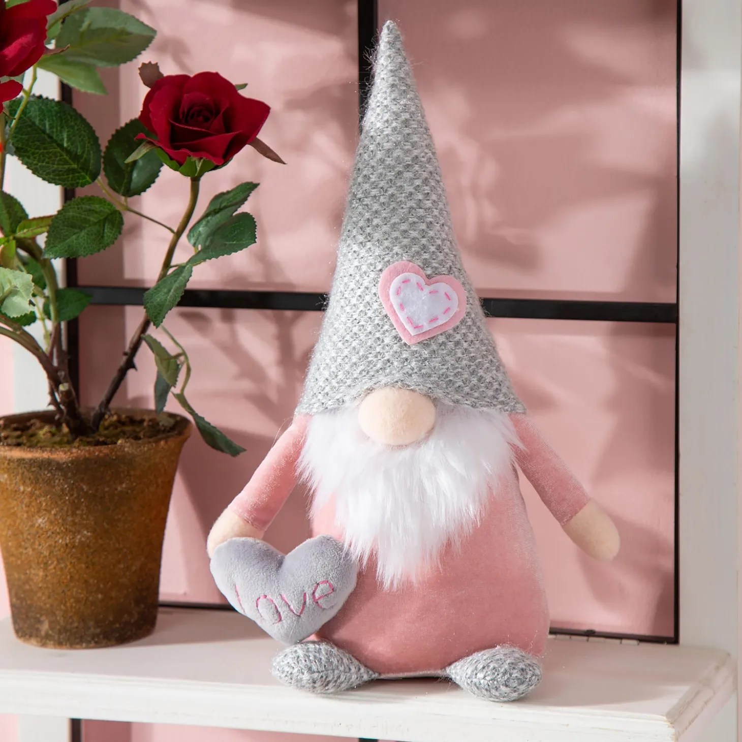 Decorative Accents>Plow & Hearth 13" Fabric Pink and Grey Gnome with Heart Valentine's Table Décor