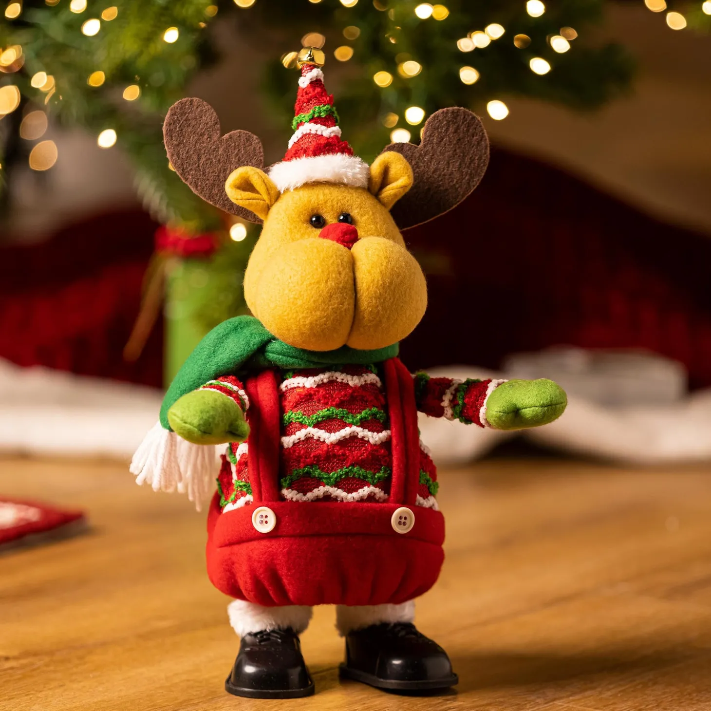 Decorative Accents>Plow & Hearth 13.5" Fabric Reindeer with Poseable Arms, Motion, & Music Table Décor