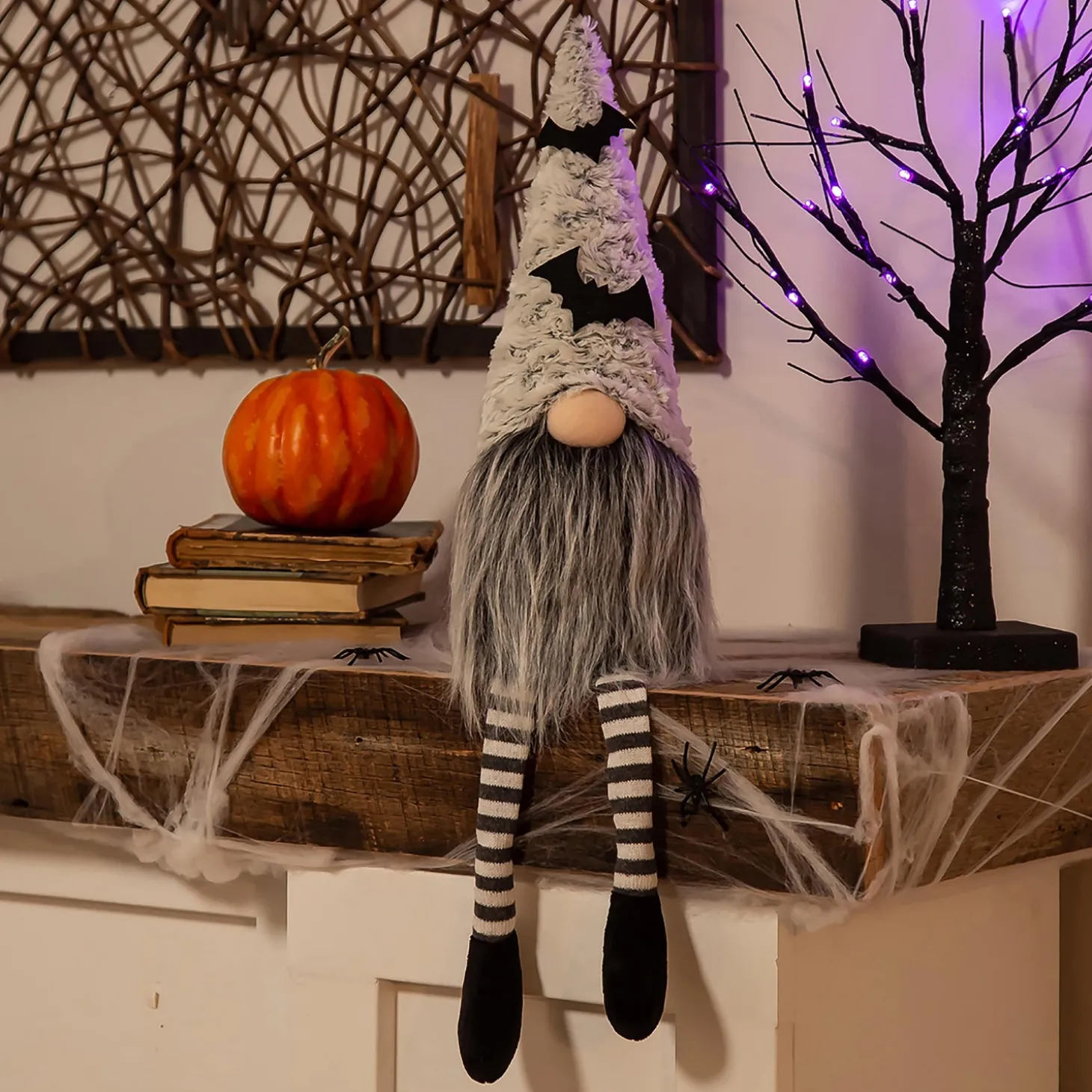 Decorative Accents>Plow & Hearth 23" Fabric Sitting Gnome with Bat Hat and Striped Socks Table Décor