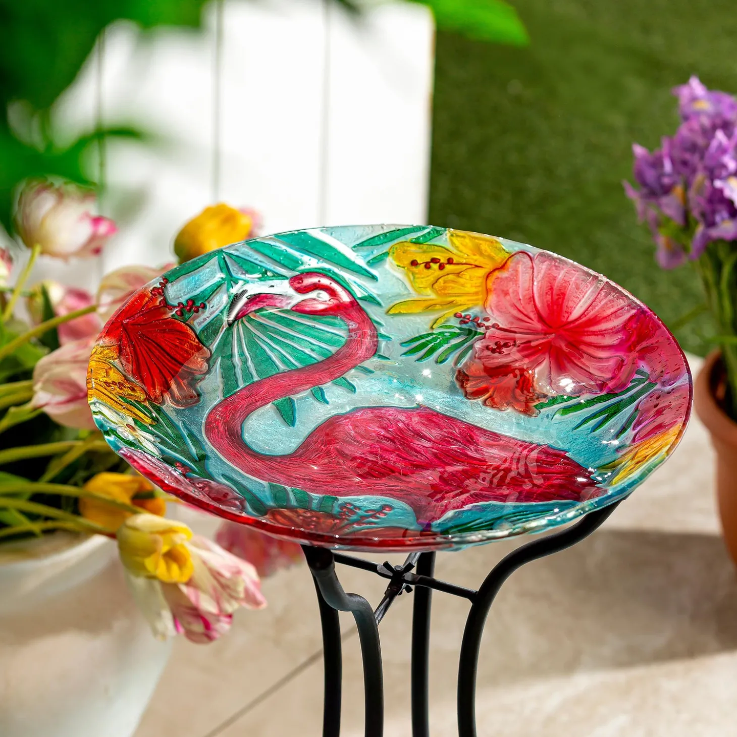 Birdbaths>Plow & Hearth 18" Glass Bird Bath, Floral Flamingo