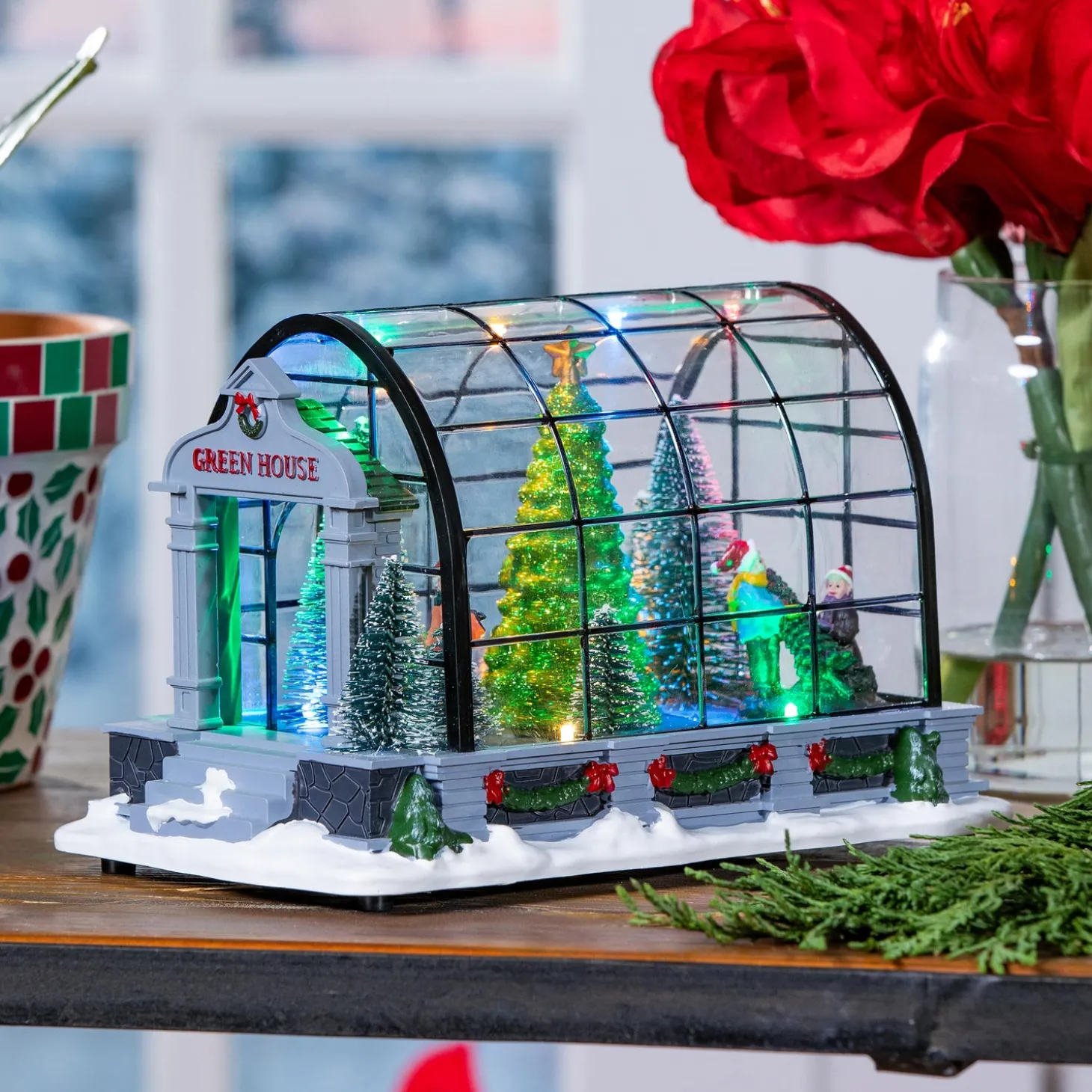 Decorative Accents>Plow & Hearth 8.75" LED Christmas Greenhouse with Rotating Tree and Music Table Décor