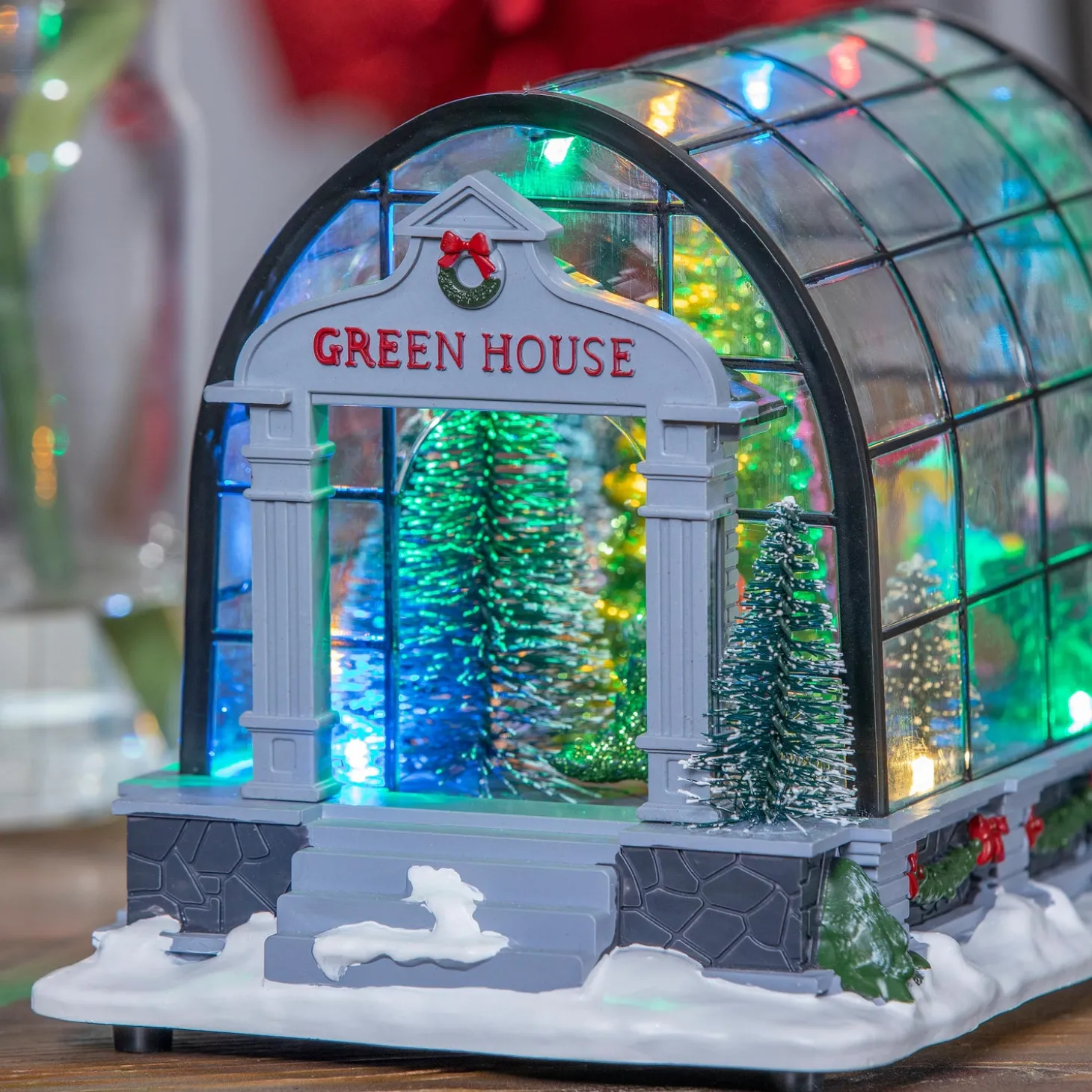 Decorative Accents>Plow & Hearth 8.75" LED Christmas Greenhouse with Rotating Tree and Music Table Décor