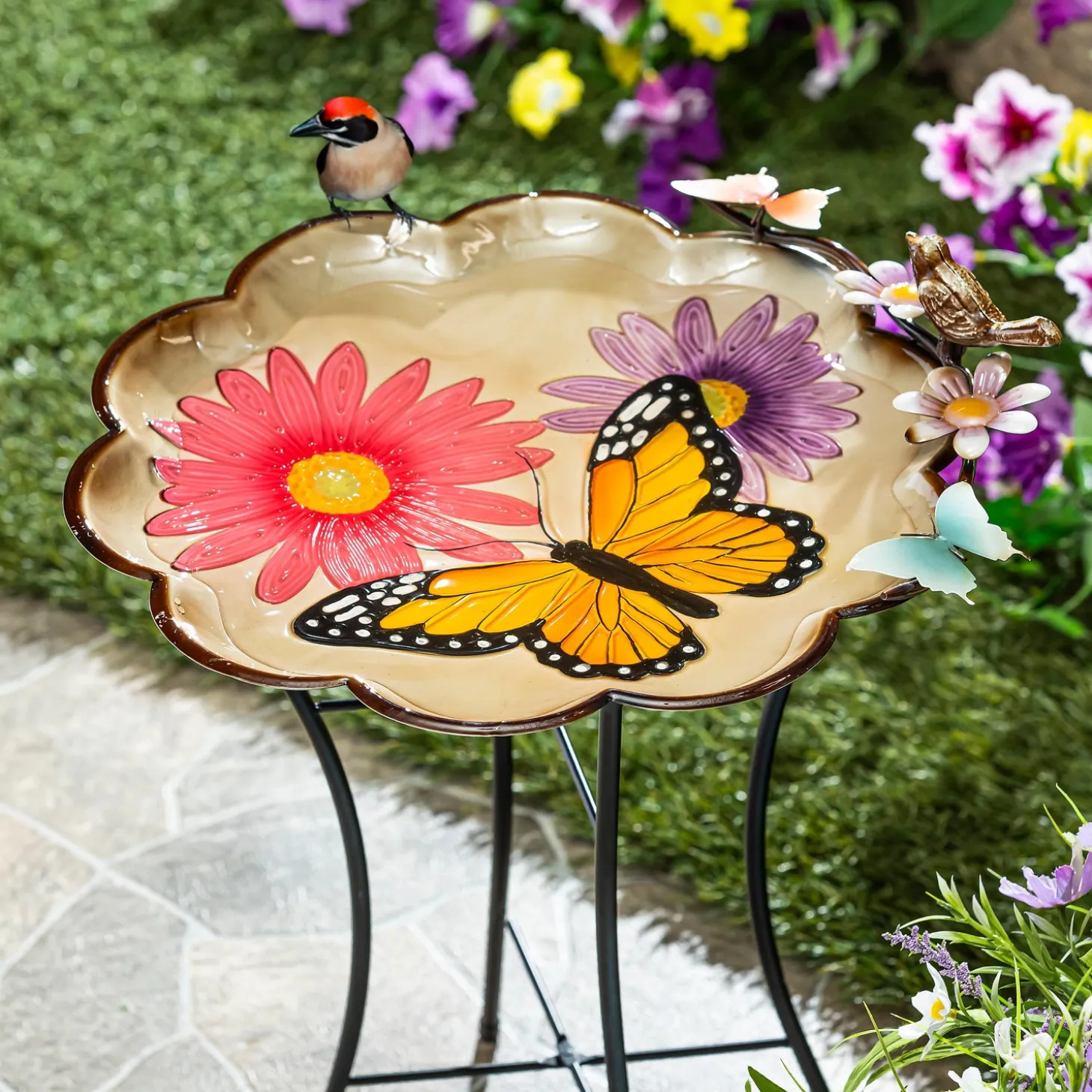 Birdbaths>Plow & Hearth 17" Metal Sculpted Edge Bird Bath, Bright Butterfly & Flowers