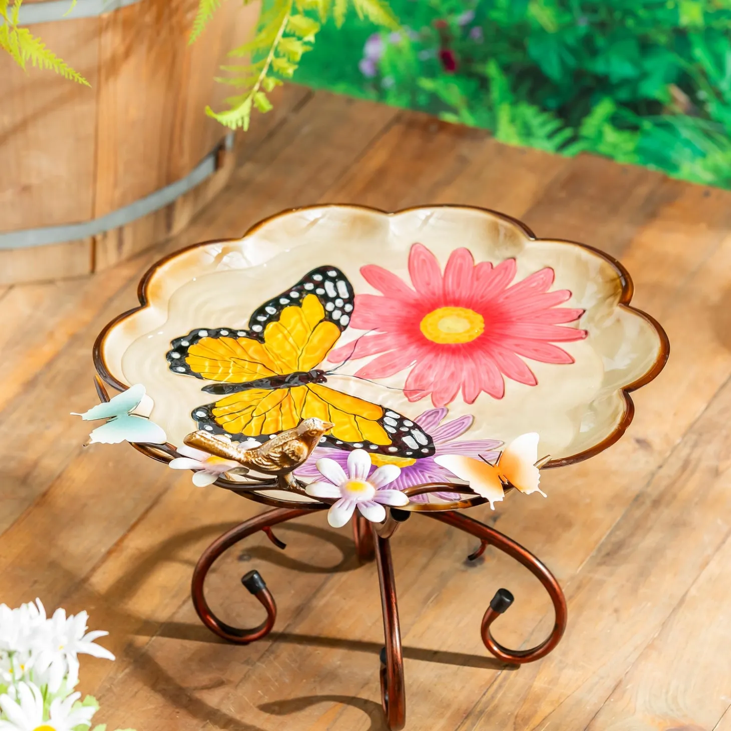 Birdbaths>Plow & Hearth 17" Metal Sculpted Edge Bird Bath, Bright Butterfly & Flowers