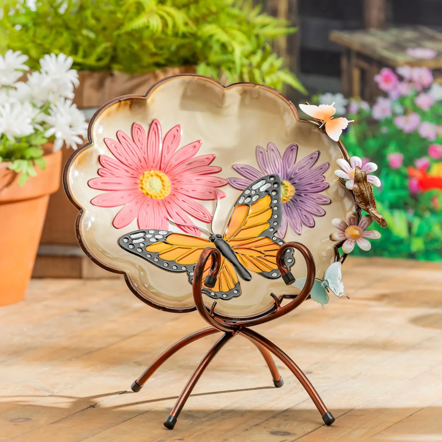 Birdbaths>Plow & Hearth 17" Metal Sculpted Edge Bird Bath, Bright Butterfly & Flowers