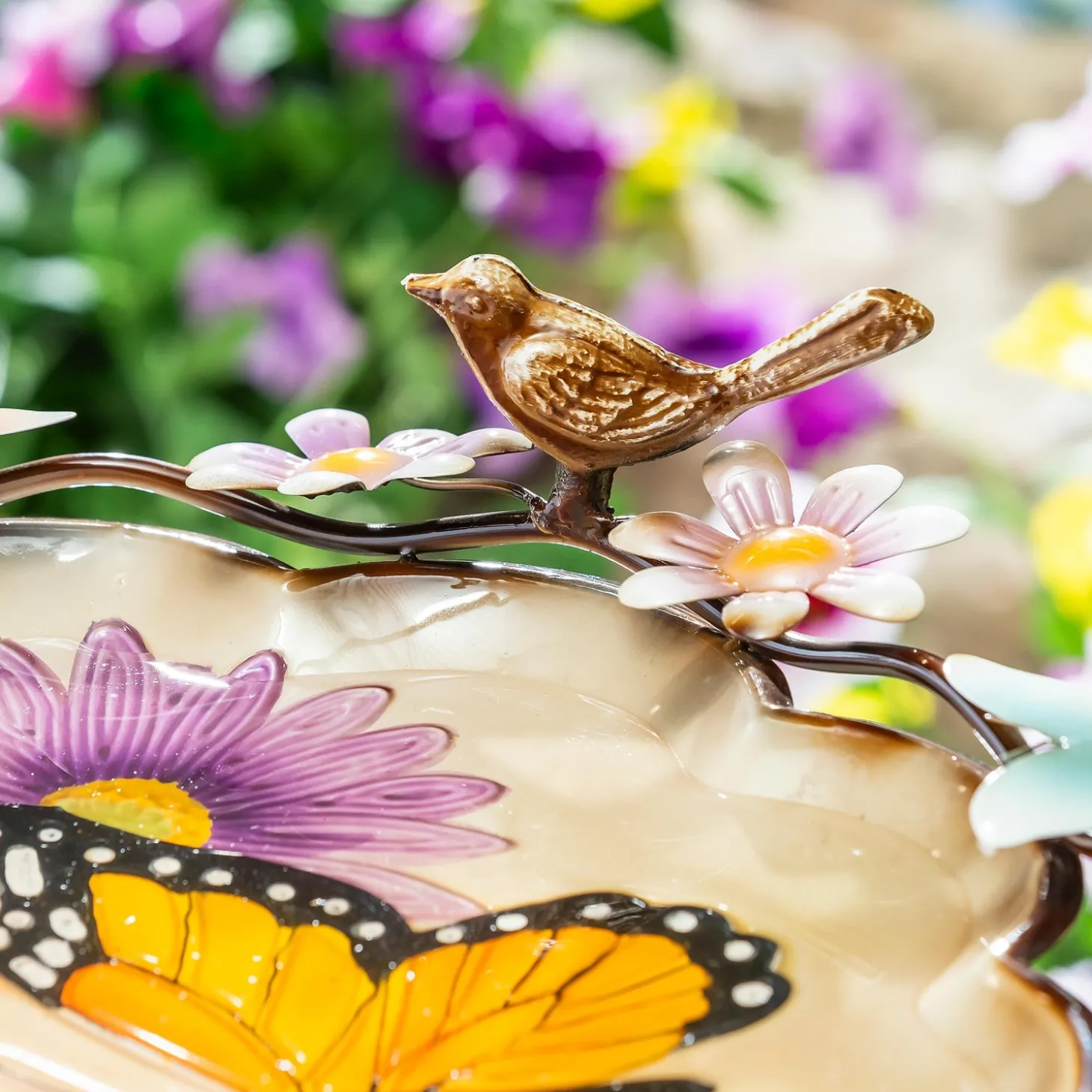 Birdbaths>Plow & Hearth 17" Metal Sculpted Edge Bird Bath, Bright Butterfly & Flowers
