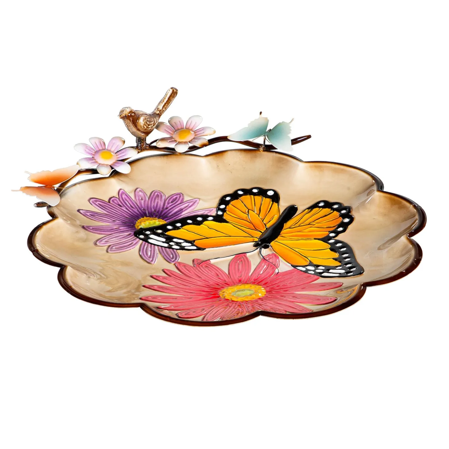 Birdbaths>Plow & Hearth 17" Metal Sculpted Edge Bird Bath, Bright Butterfly & Flowers
