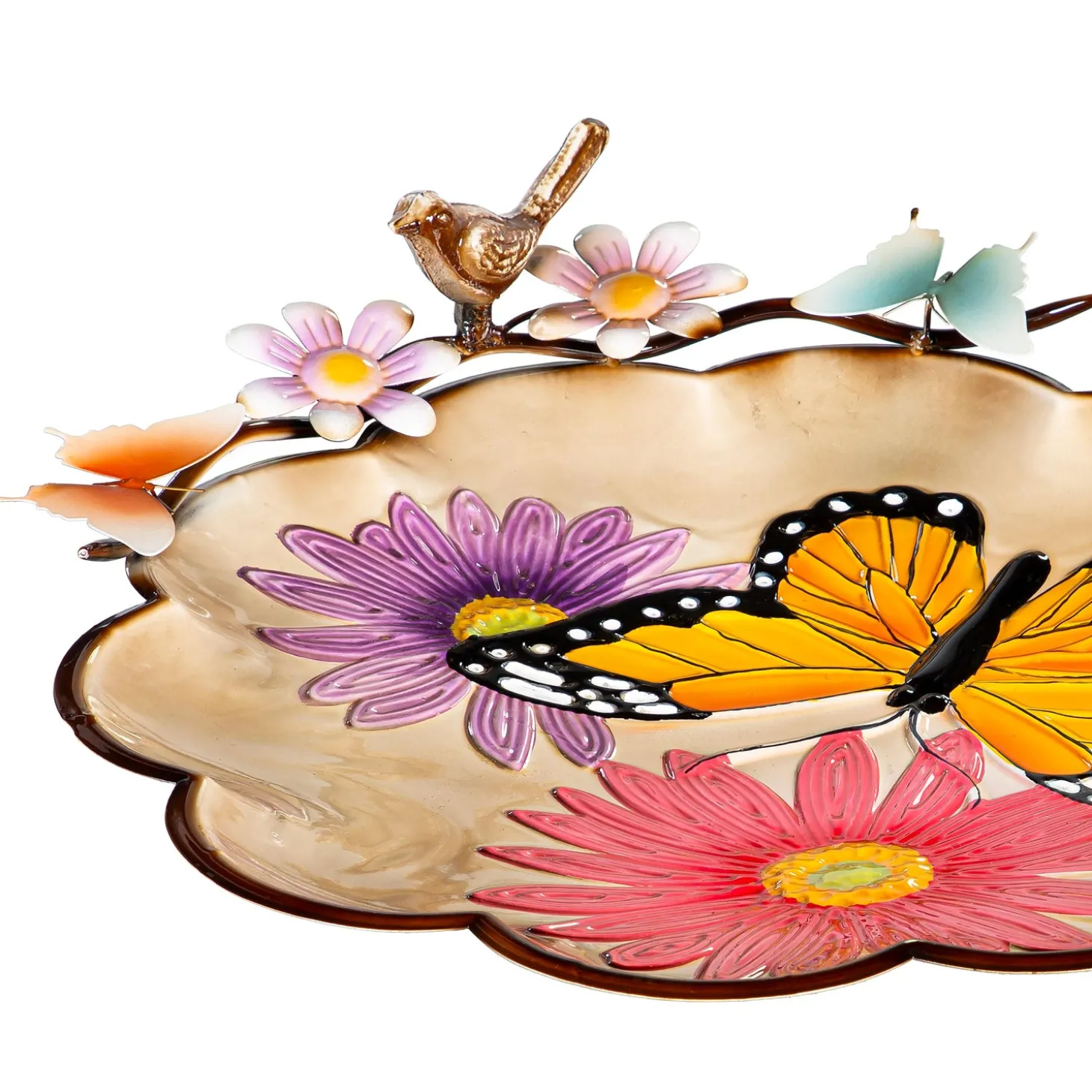 Birdbaths>Plow & Hearth 17" Metal Sculpted Edge Bird Bath, Bright Butterfly & Flowers