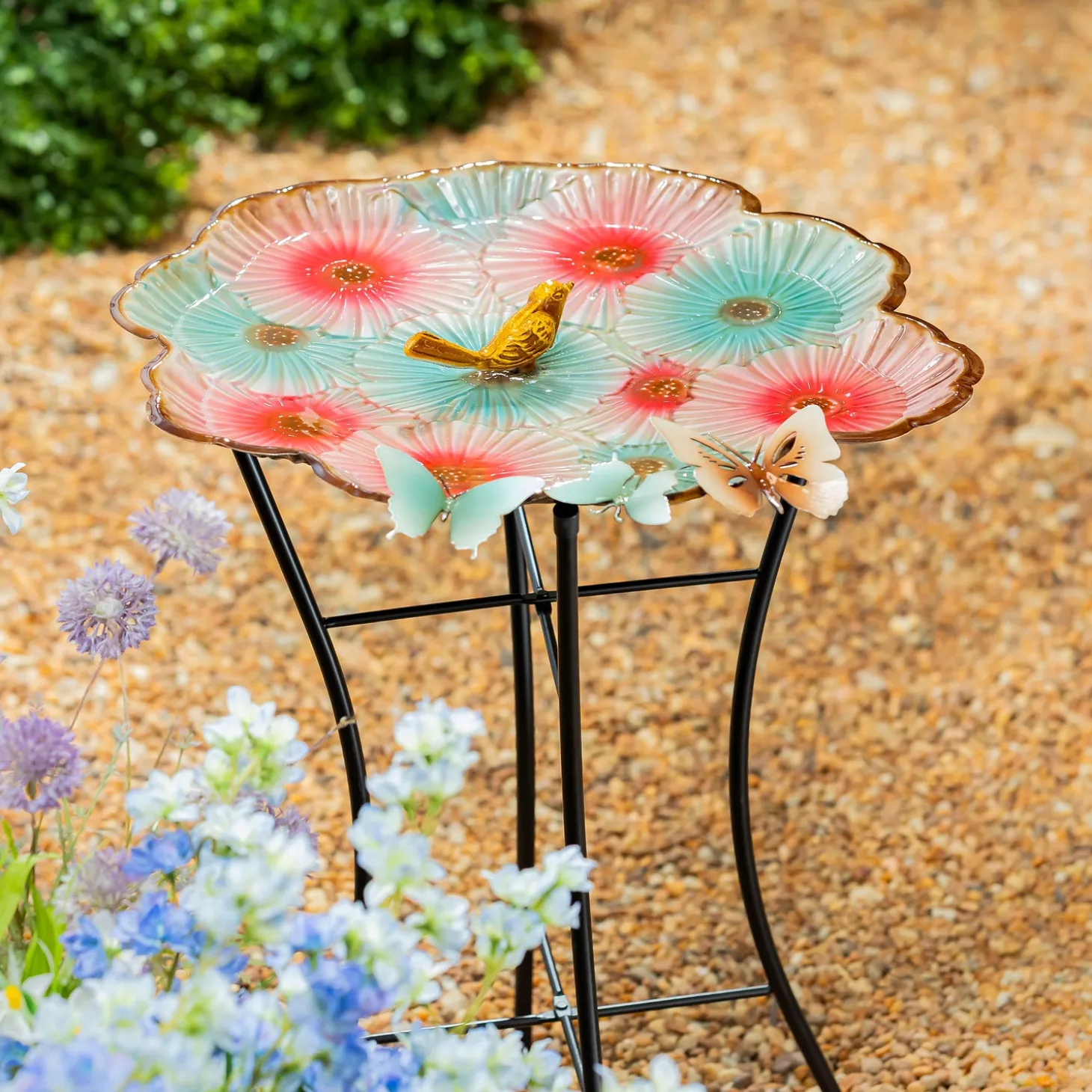 Birdbaths>Plow & Hearth 17" Metal Sculpted Edge Bird Bath, Butterfly & Flowers