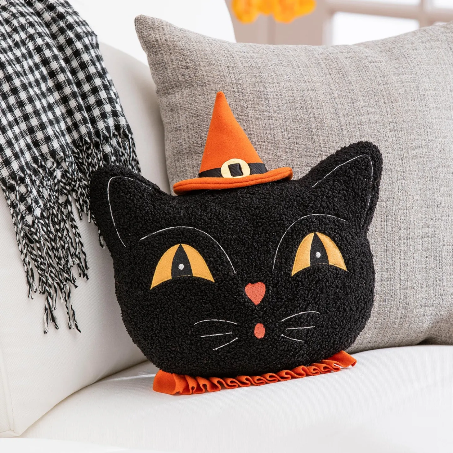 Decorative Pillows>Plow & Hearth 13" Shaped Pillow with Embroidering, Cat with Witches Hat Black