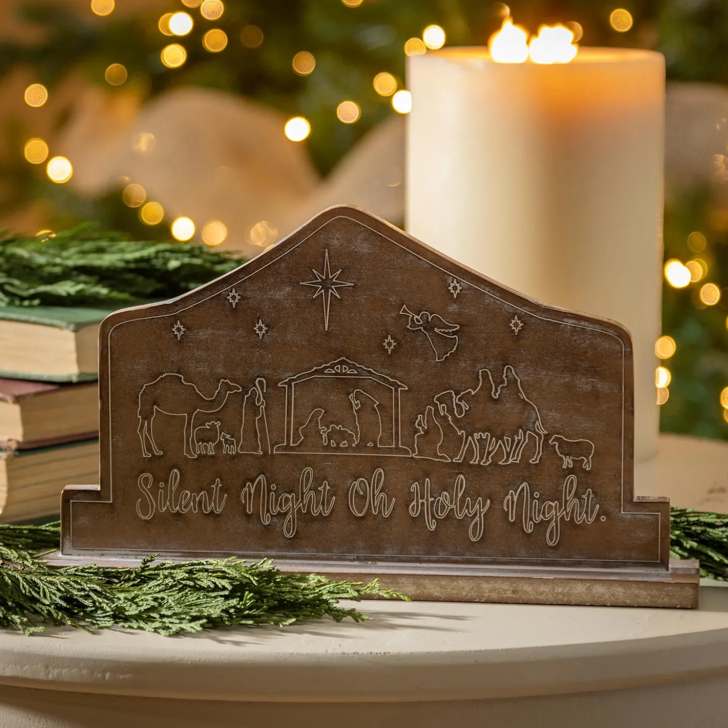 Decorative Accents>Plow & Hearth 11" Wood Nativity Table Decor, "Silent Night Oh Holy Night"
