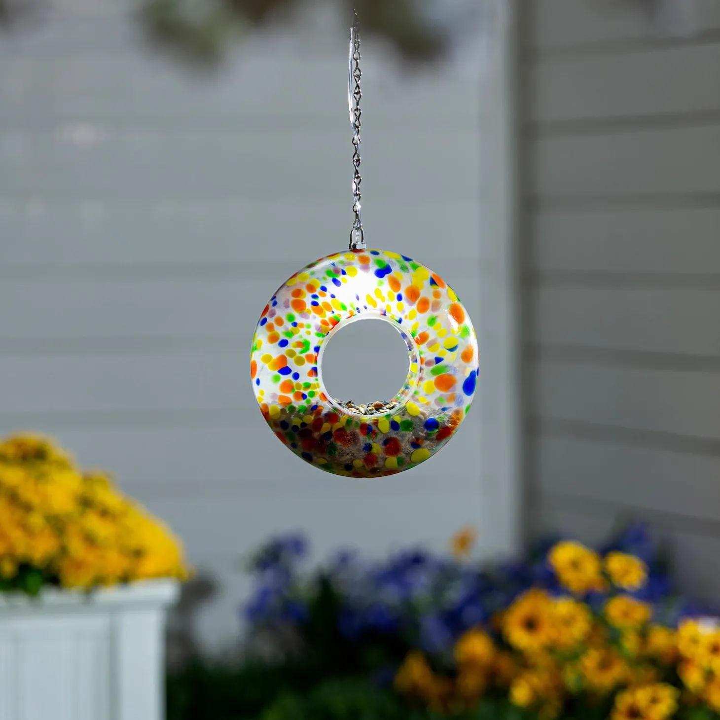 Solar Accents | Bird Feeders>Plow & Hearth 8"D Solar Art Glass Fly Through Bird Feeder, Color Wheel