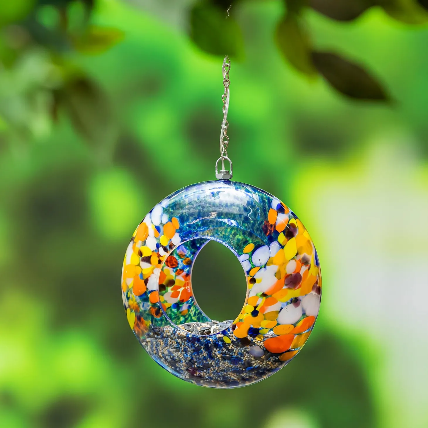 Solar Accents | Bird Feeders>Plow & Hearth 8"D Solar Art Glass Fly Through Bird Feeder, Sky Swirl