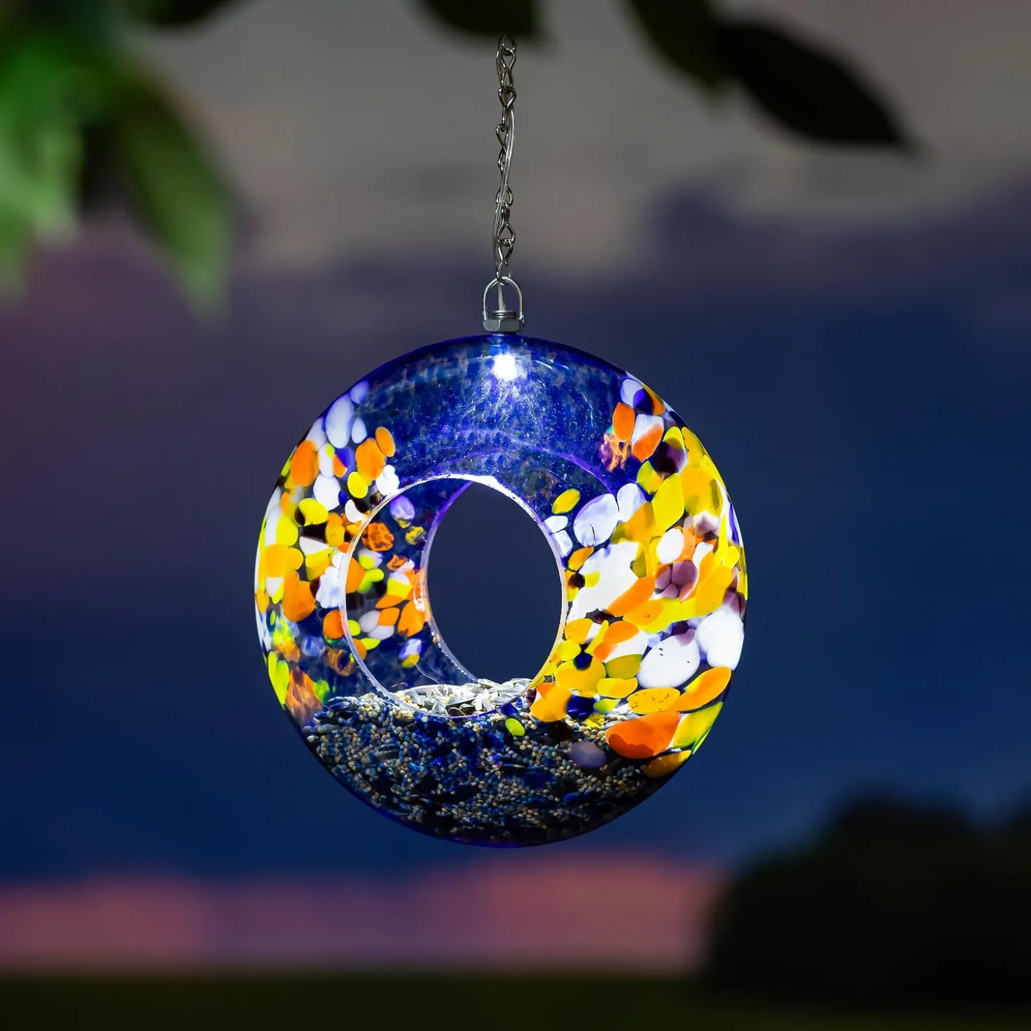 Solar Accents | Bird Feeders>Plow & Hearth 8"D Solar Art Glass Fly Through Bird Feeder, Sky Swirl