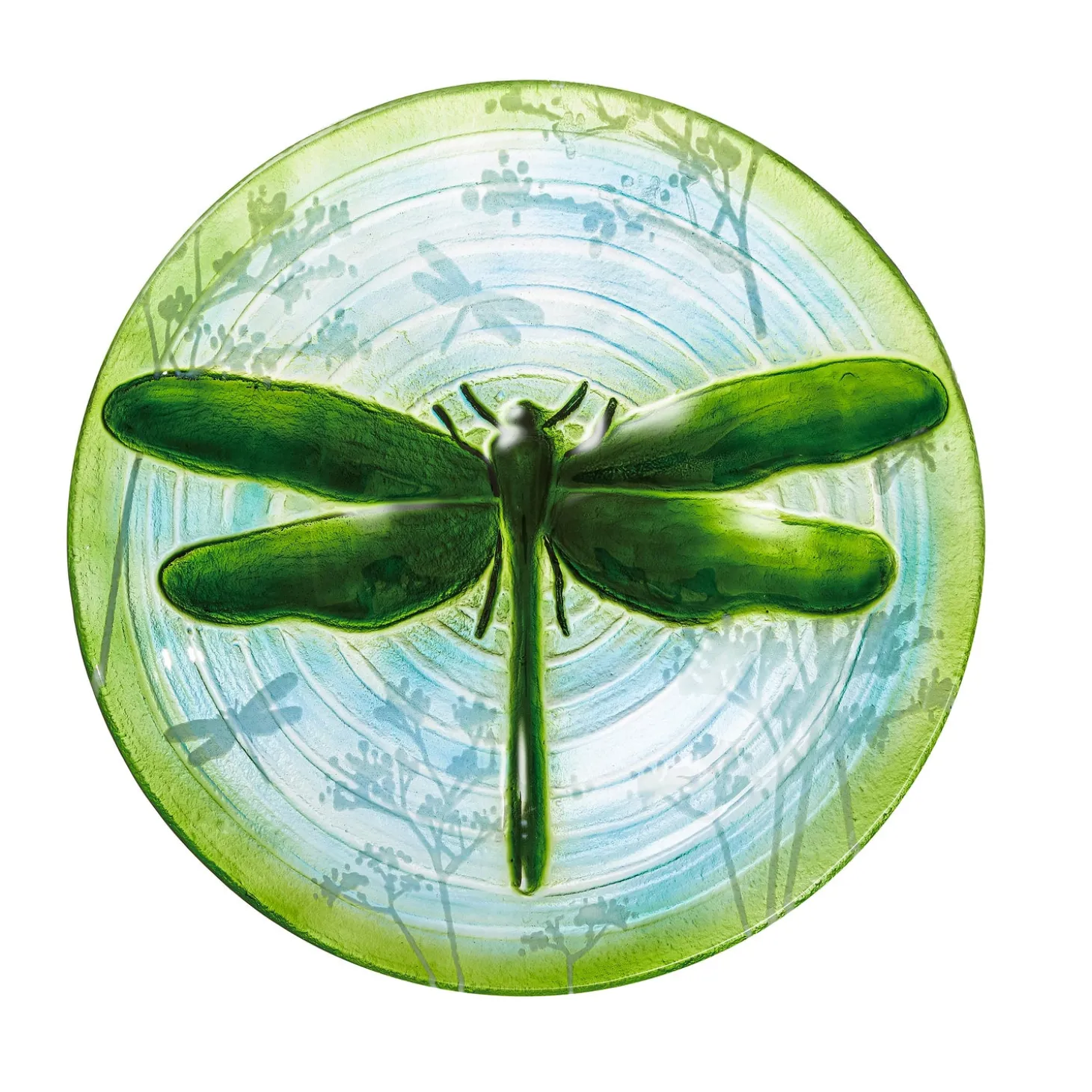 Birdbaths>Plow & Hearth 18"Hand Painted and Embossed Glass Bird Bath, Fluttering Dragonfly Pond
