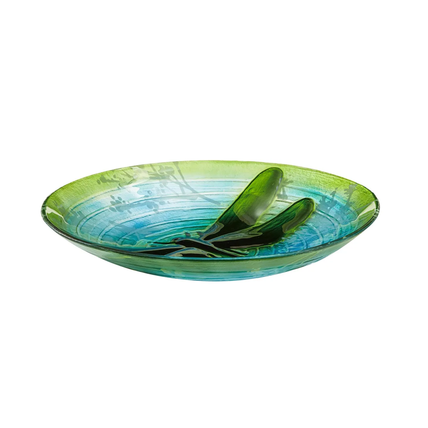 Birdbaths>Plow & Hearth 18"Hand Painted and Embossed Glass Bird Bath, Fluttering Dragonfly Pond