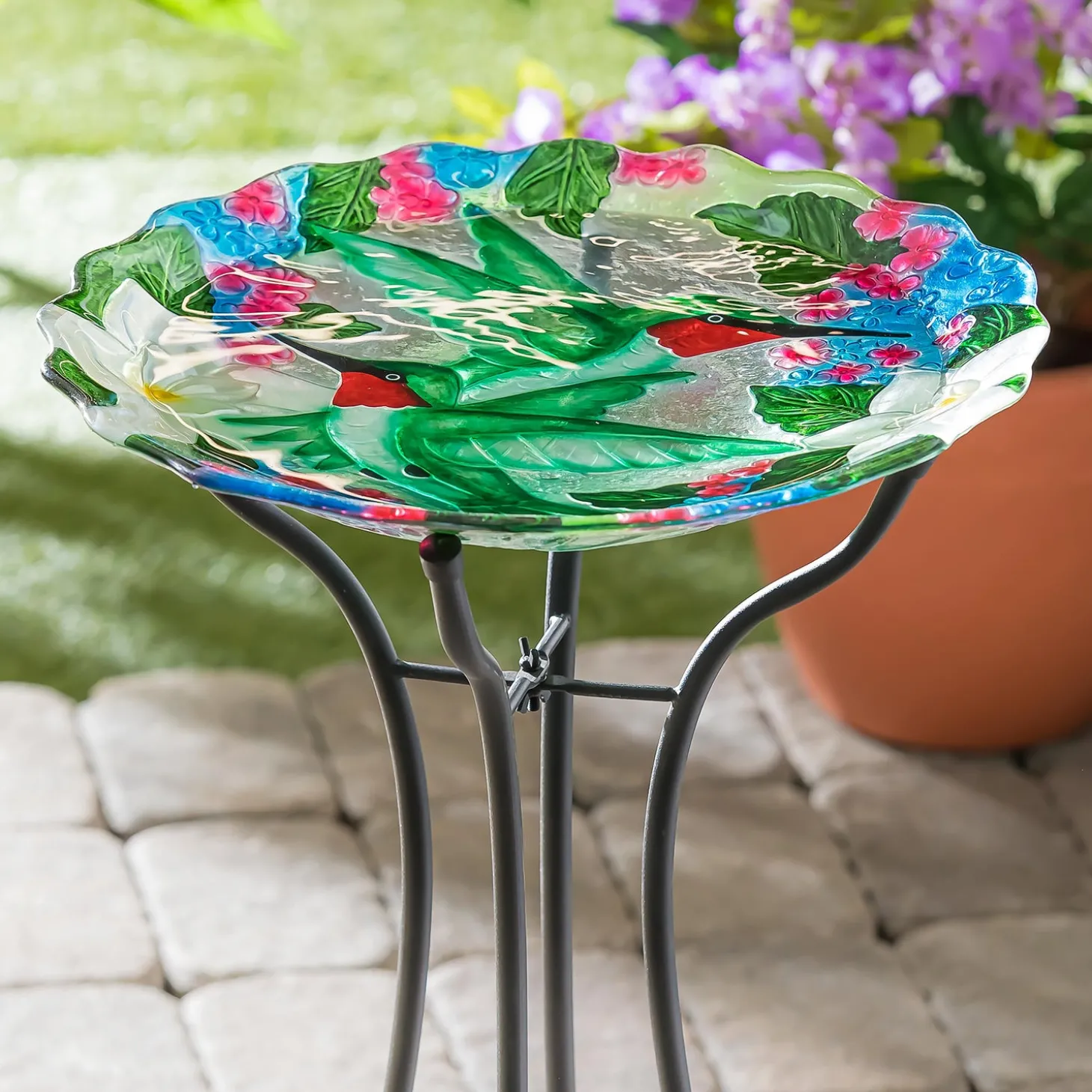Birdbaths>Plow & Hearth 18"Hand Painted and Embossed Glass Shaped Bird Bath, Hummingbird Bouquets