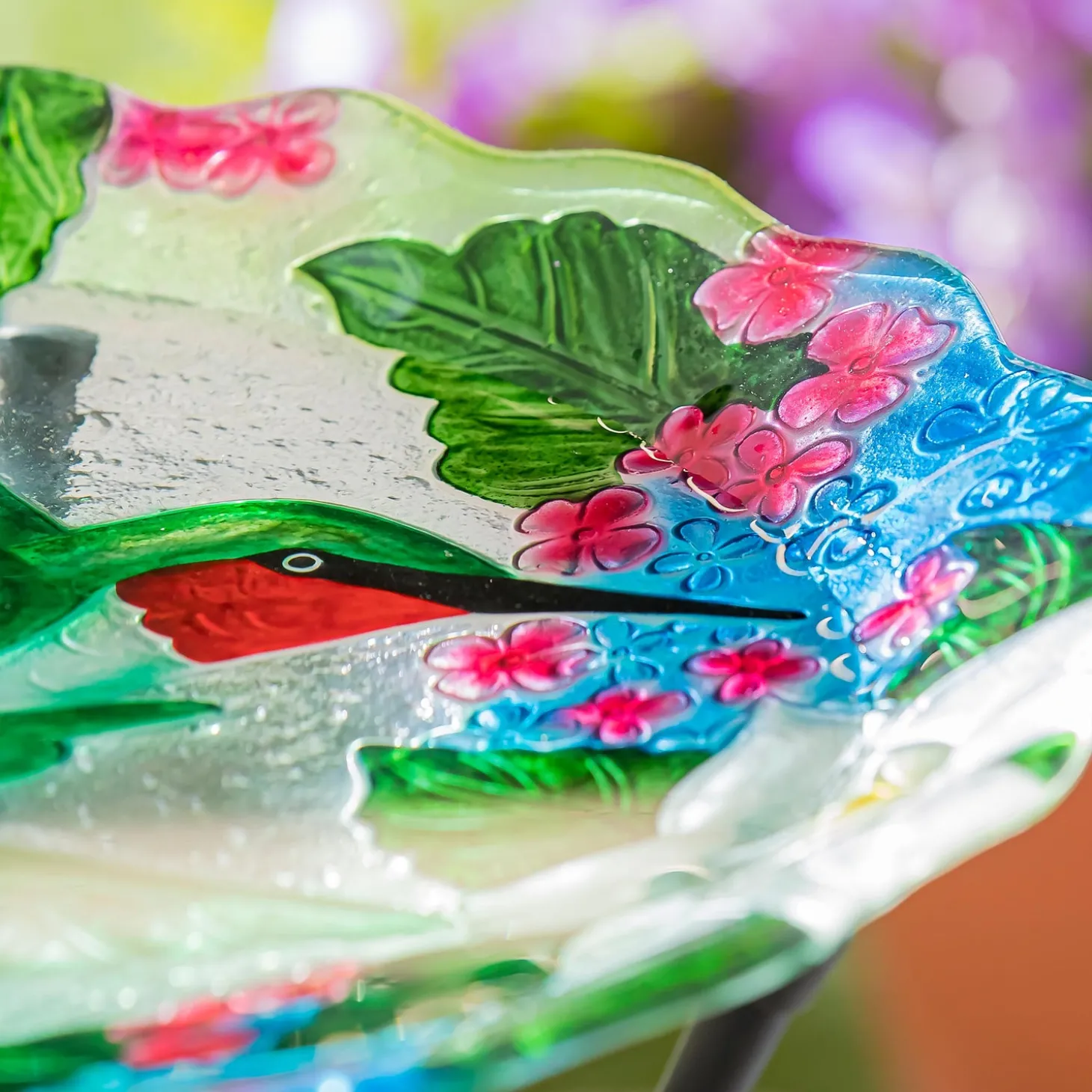 Birdbaths>Plow & Hearth 18"Hand Painted and Embossed Glass Shaped Bird Bath, Hummingbird Bouquets