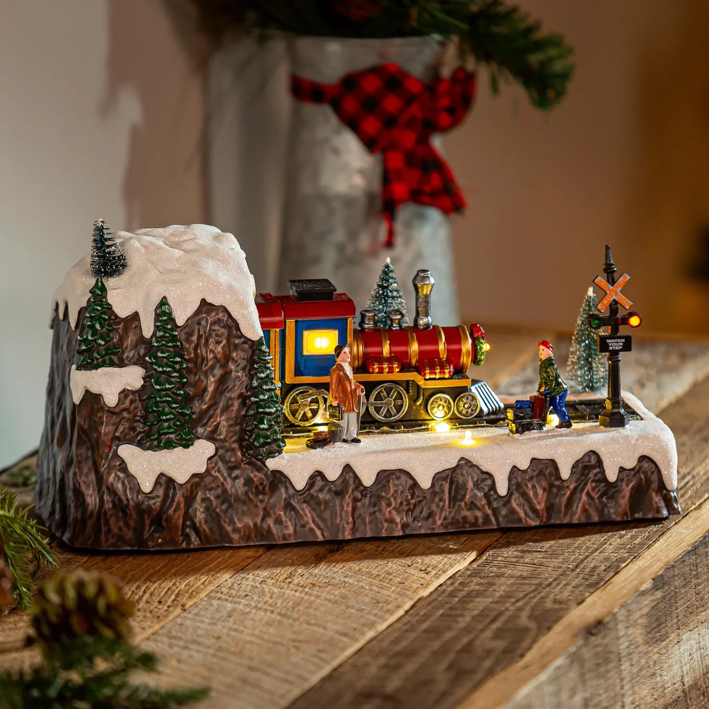 Decorative Accents>Plow & Hearth 12.6"L LED Christmas Scene with Moving Train and Music Table Décor