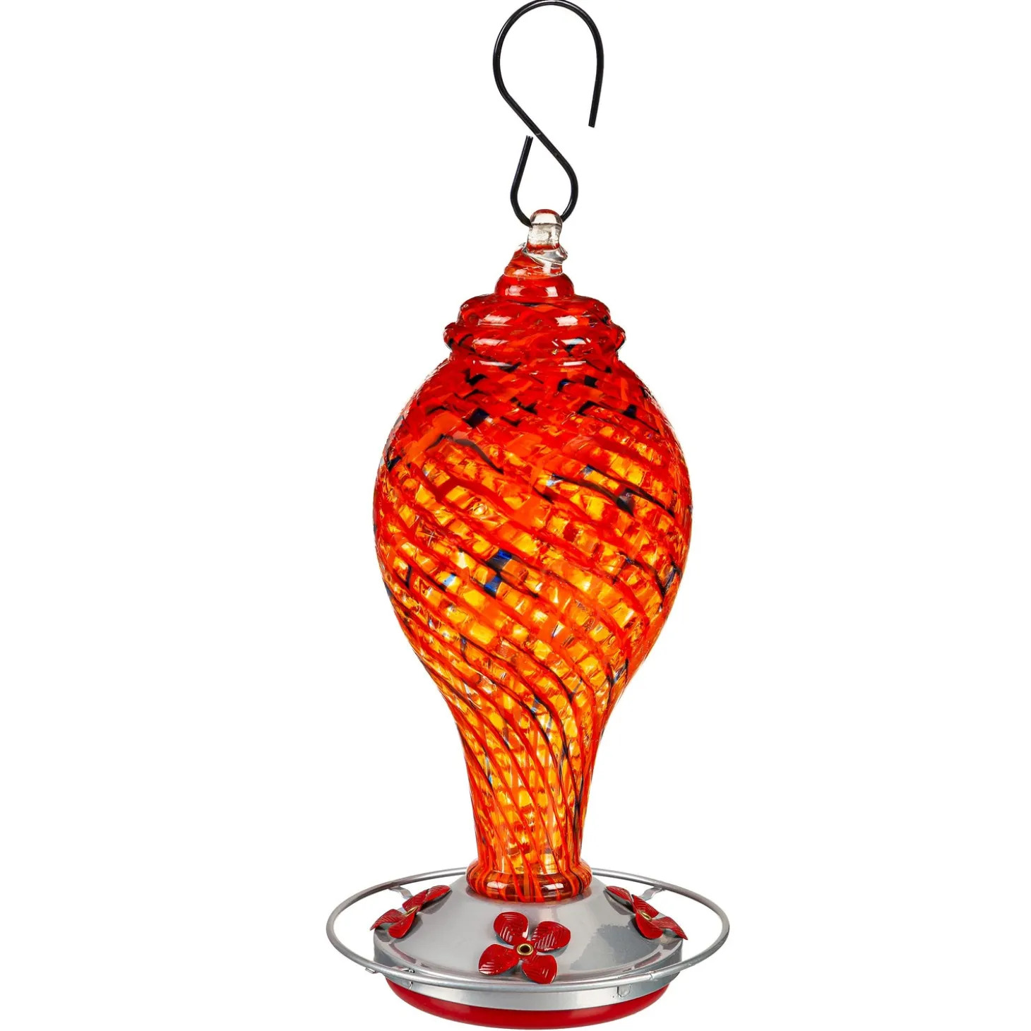 Hummingbird Feeders>Plow & Hearth Red Speckled Art Glass Hummingbird Feeder with Bronze Gondola
