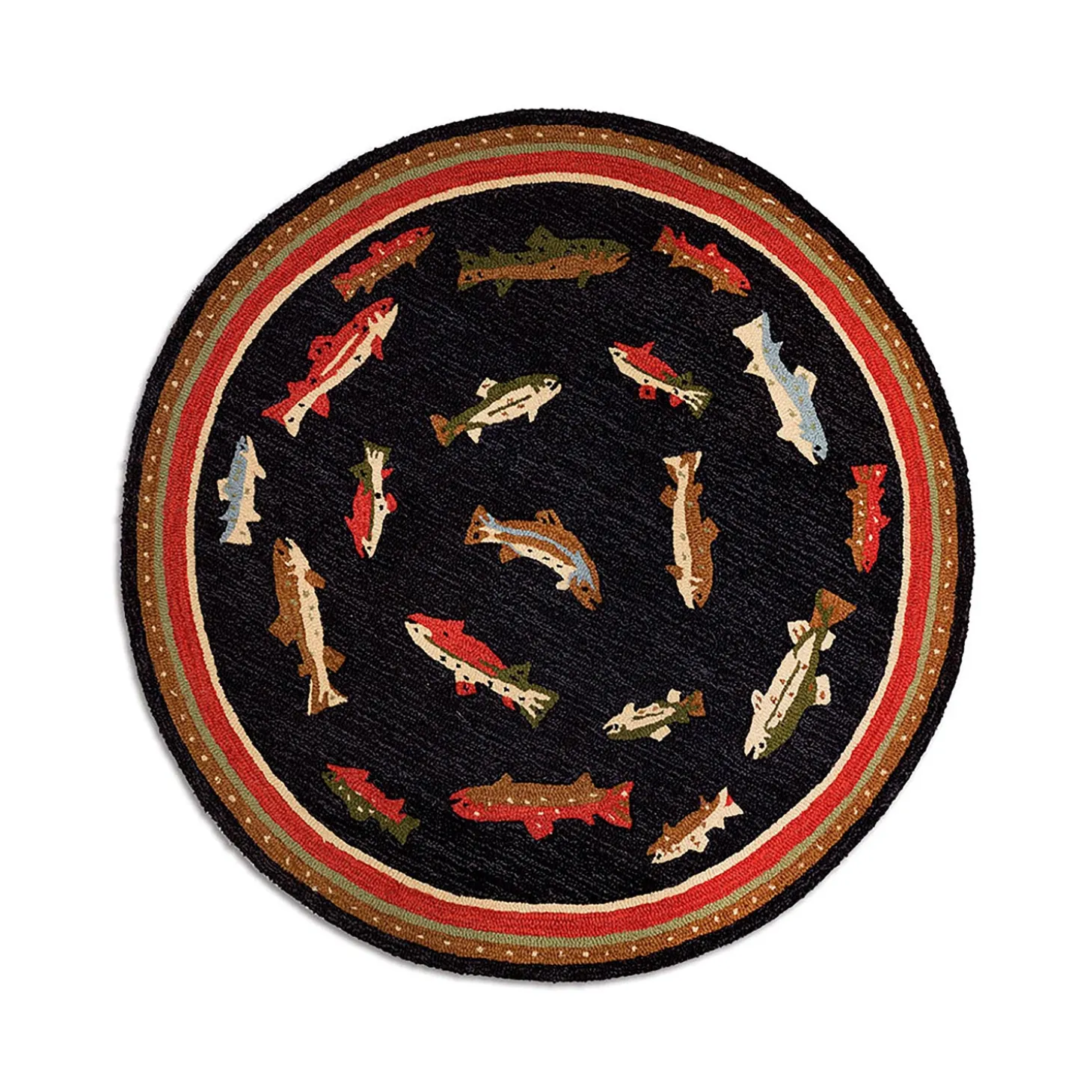 Area Rugs>Plow & Hearth River Fish Hand-Hooked Wool Accent Rug, 5' Round