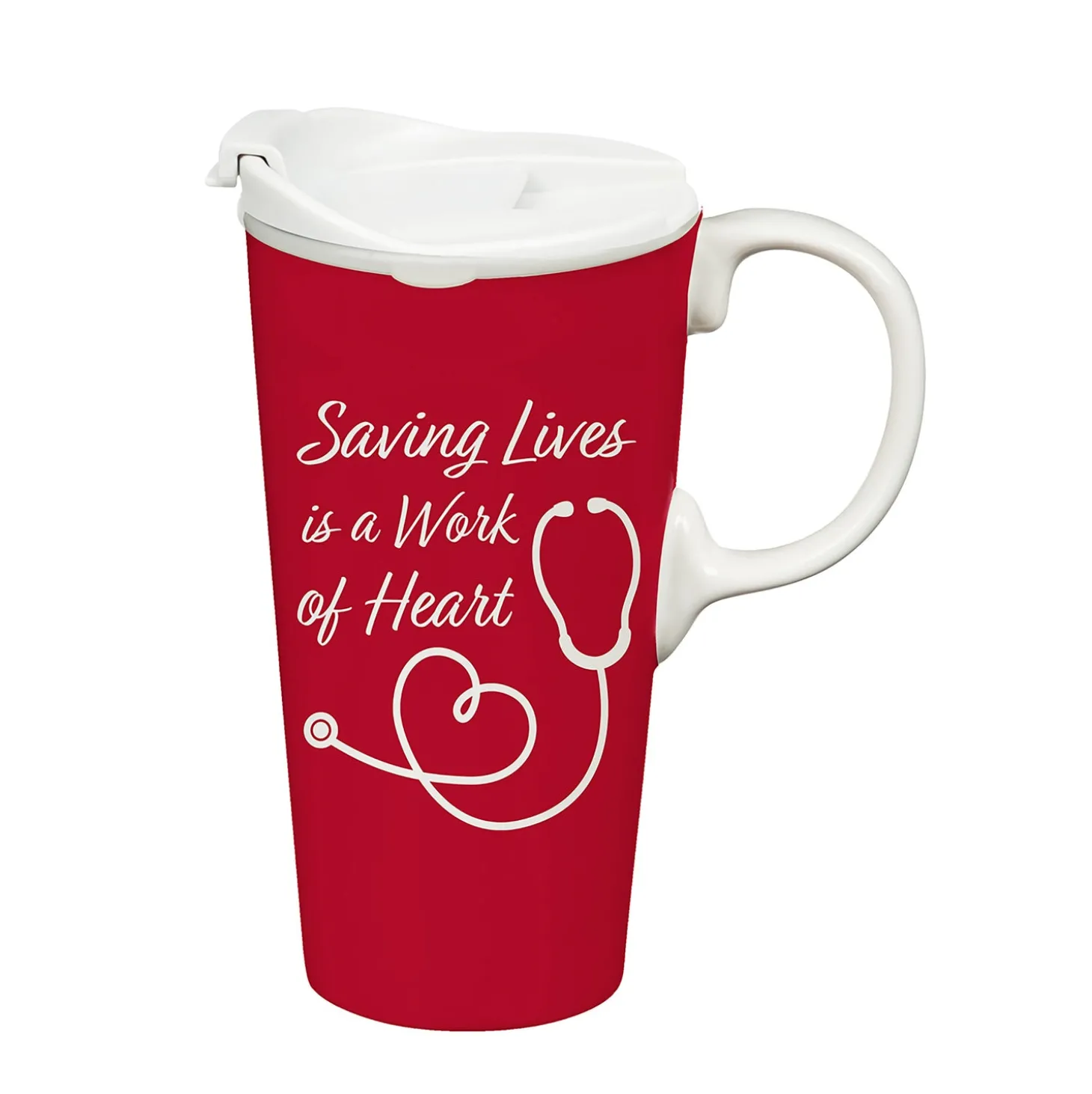 Travel Cups>Plow & Hearth Saving Lives is a Work of Heart Ceramic Perfect Cup and Compact Tote Giftset, 17oz, Gift Box