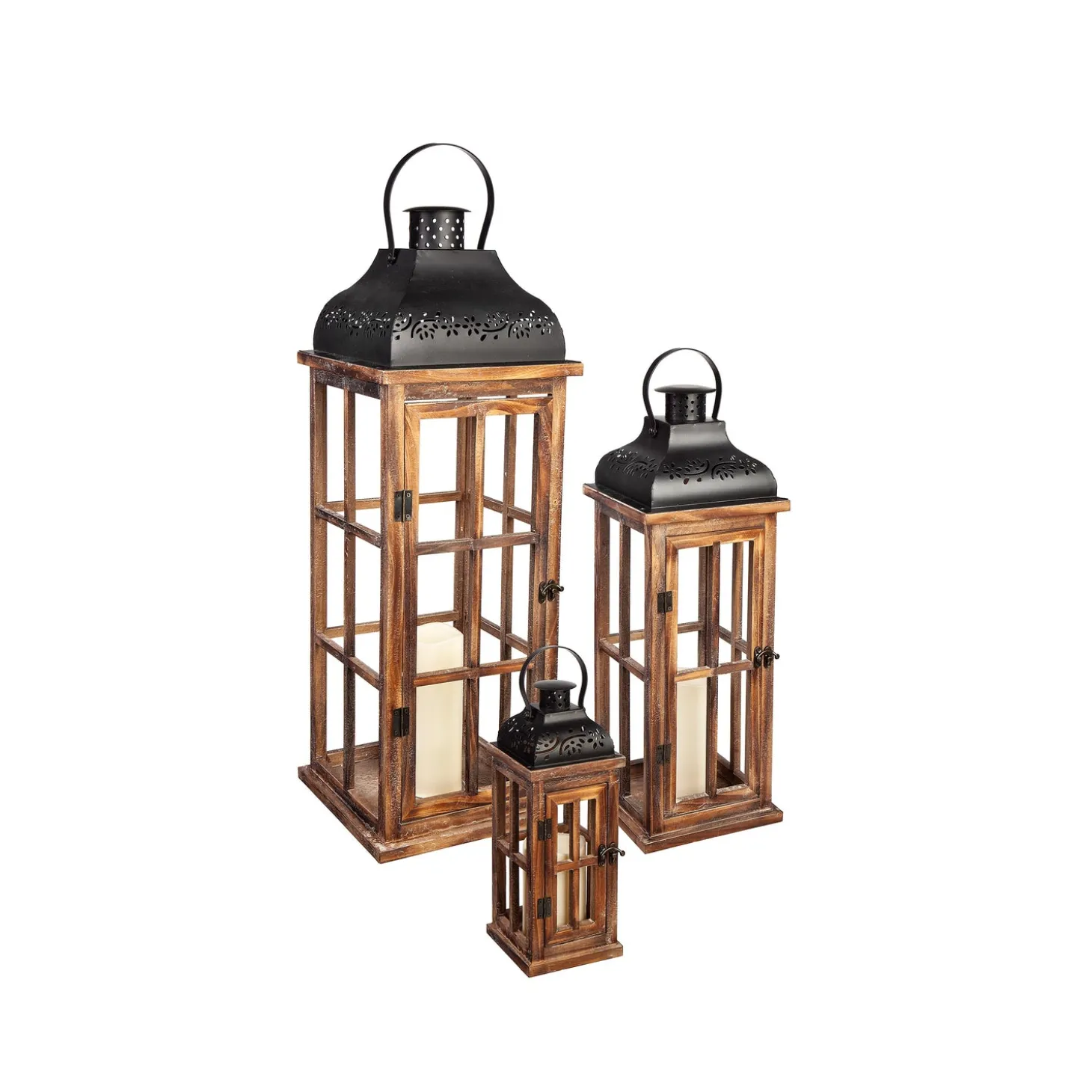 Candles & Lanterns>Plow & Hearth Set of 3 Nested Wood and Metal Lanterns w LED Candle