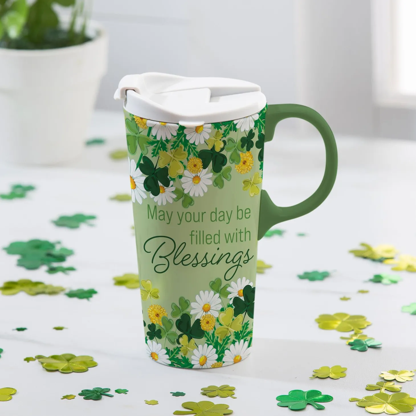 Travel Cups>Plow & Hearth Shamrock Blessings Ceramic Perfect Cup, 17oz, Gift Box