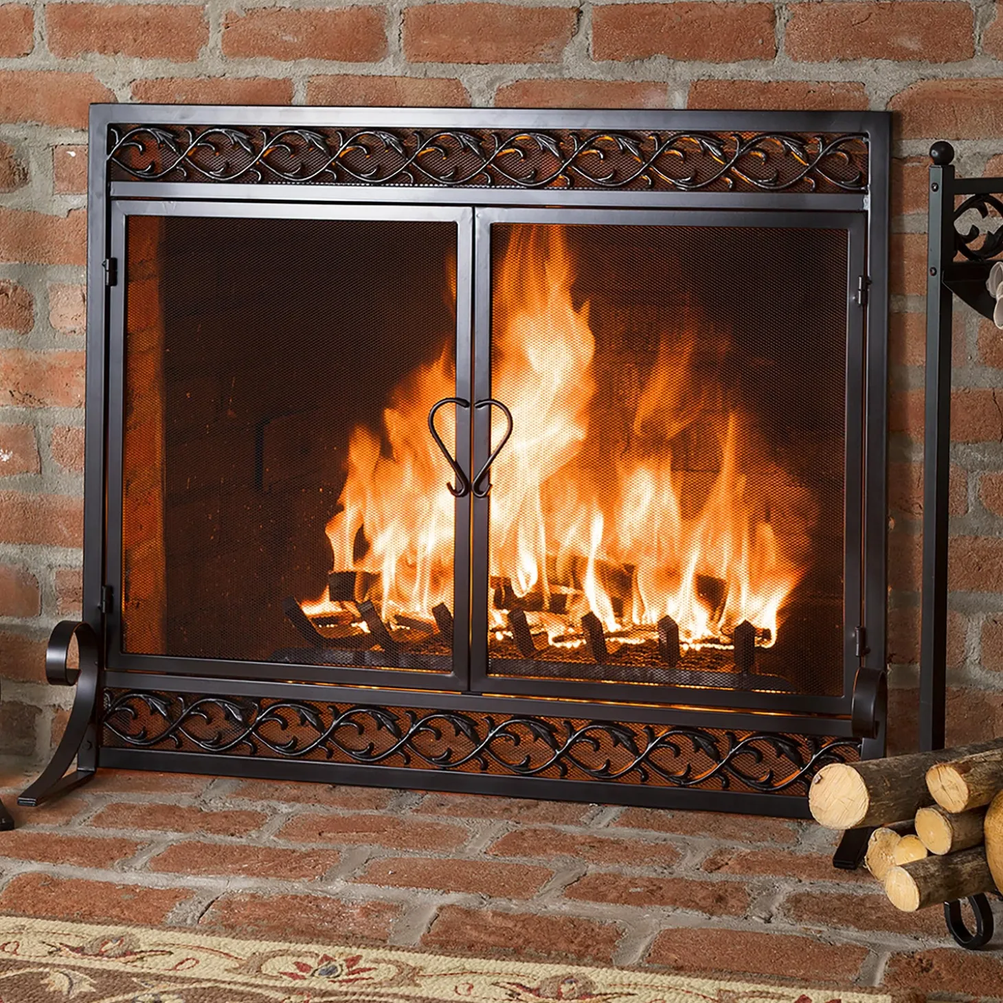 Fireplace Screens With Doors>Plow & Hearth Small Cast Iron Scrollwork Fire Screen With Doors Black