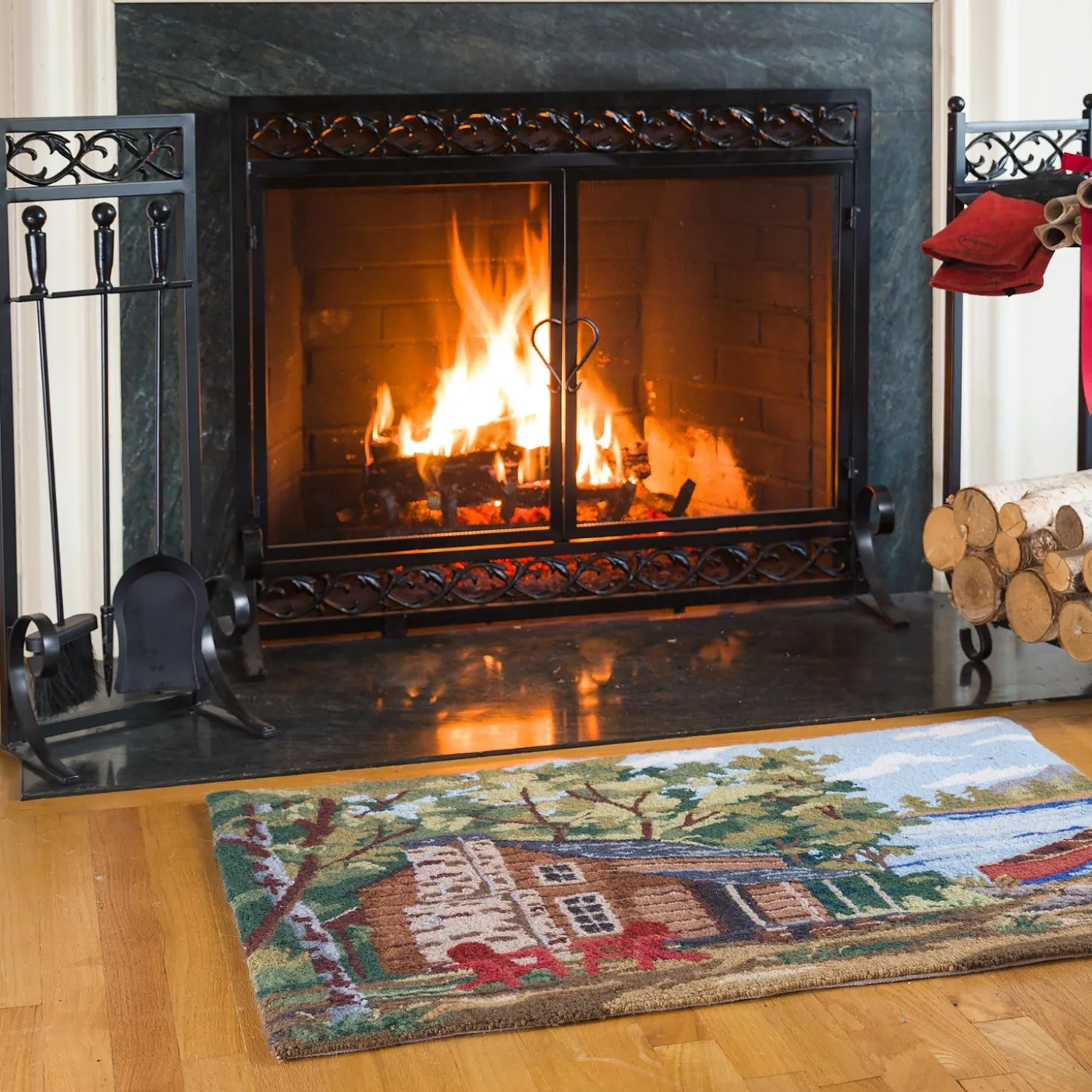 Fireplace Screens With Doors>Plow & Hearth Small Cast Iron Scrollwork Fire Screen With Doors Black