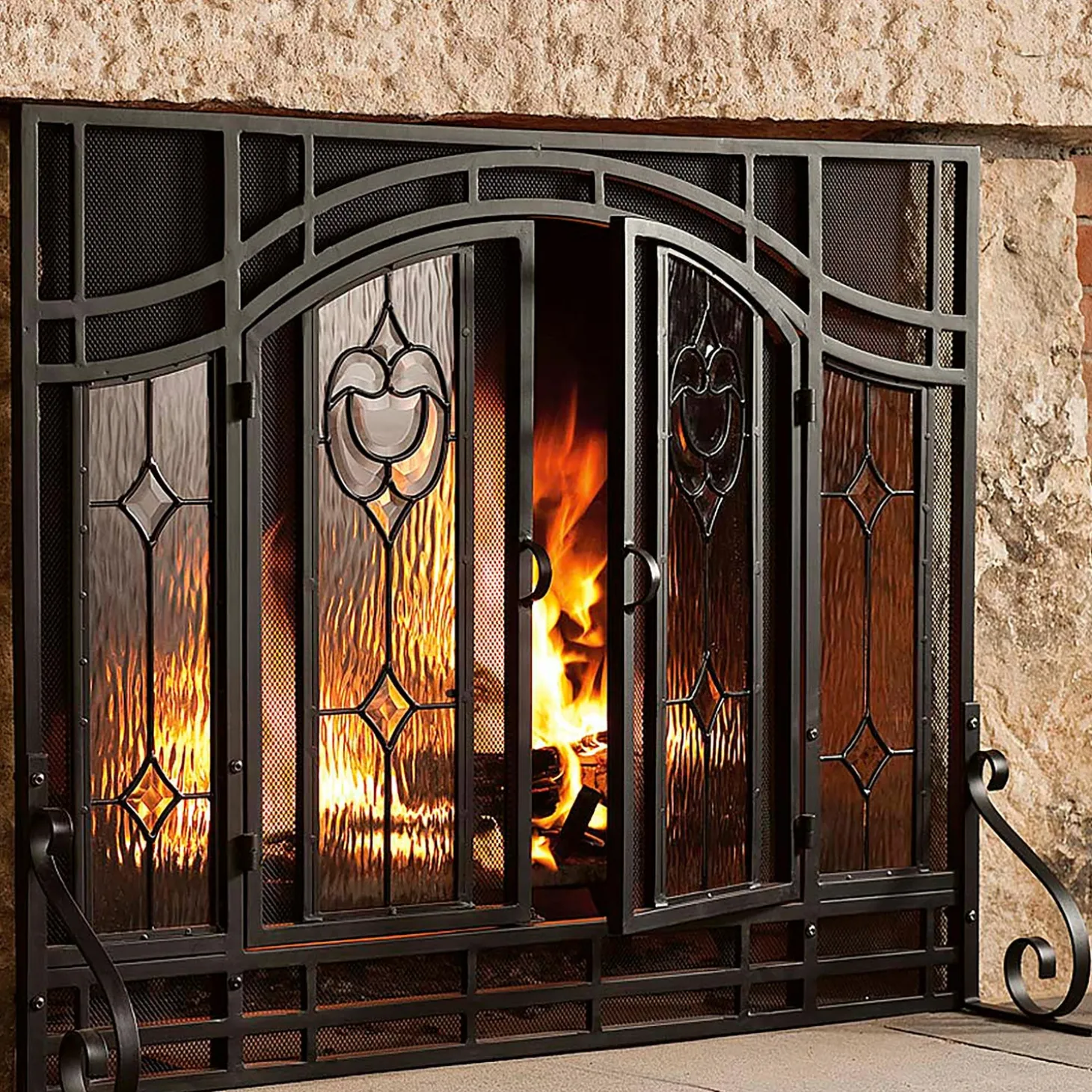 Fireplace Screens With Doors>Plow & Hearth Small Two-Door Fireplace Screen with Glass Floral Panels Black
