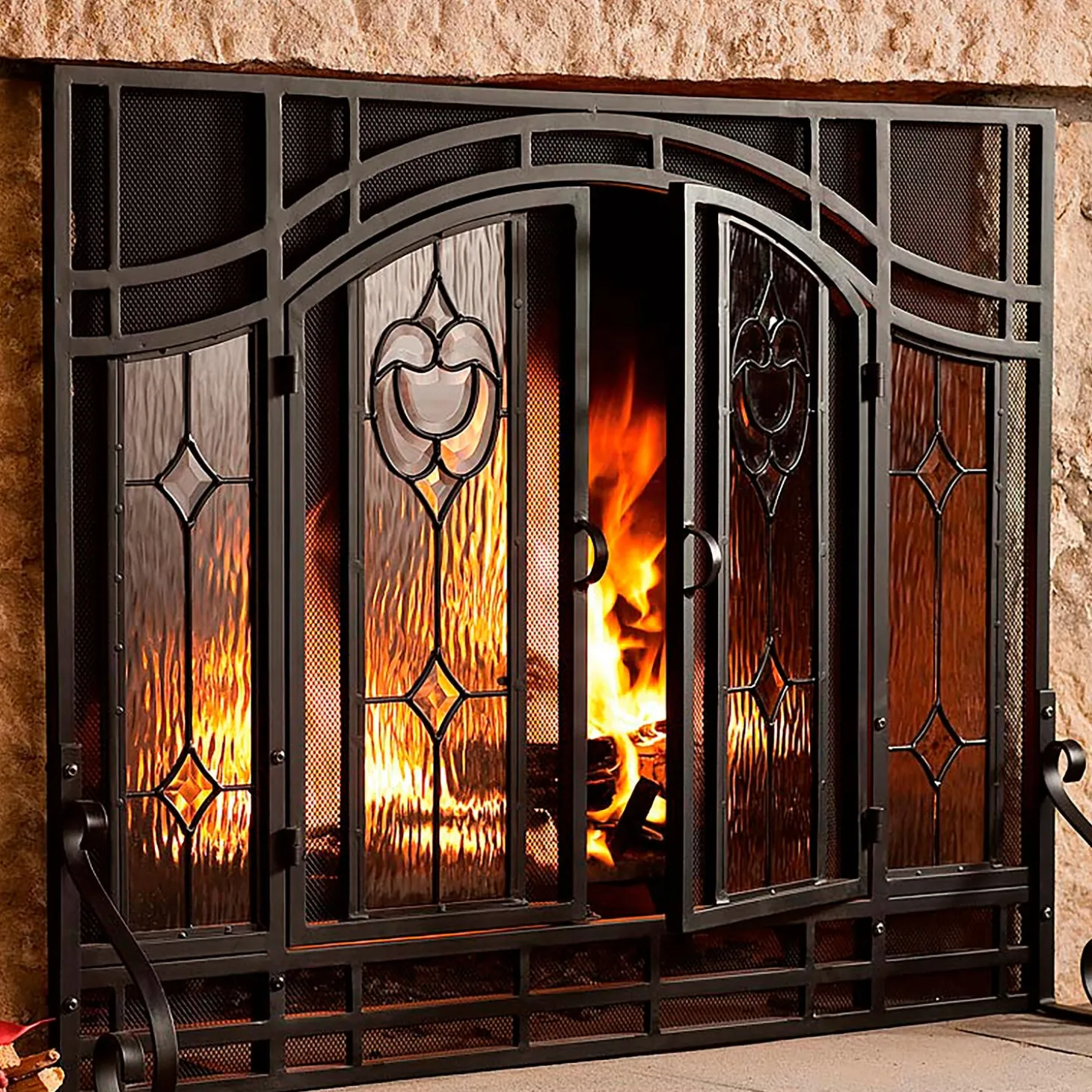 Fireplace Screens With Doors>Plow & Hearth Small Two-Door Fireplace Screen with Glass Floral Panels Black