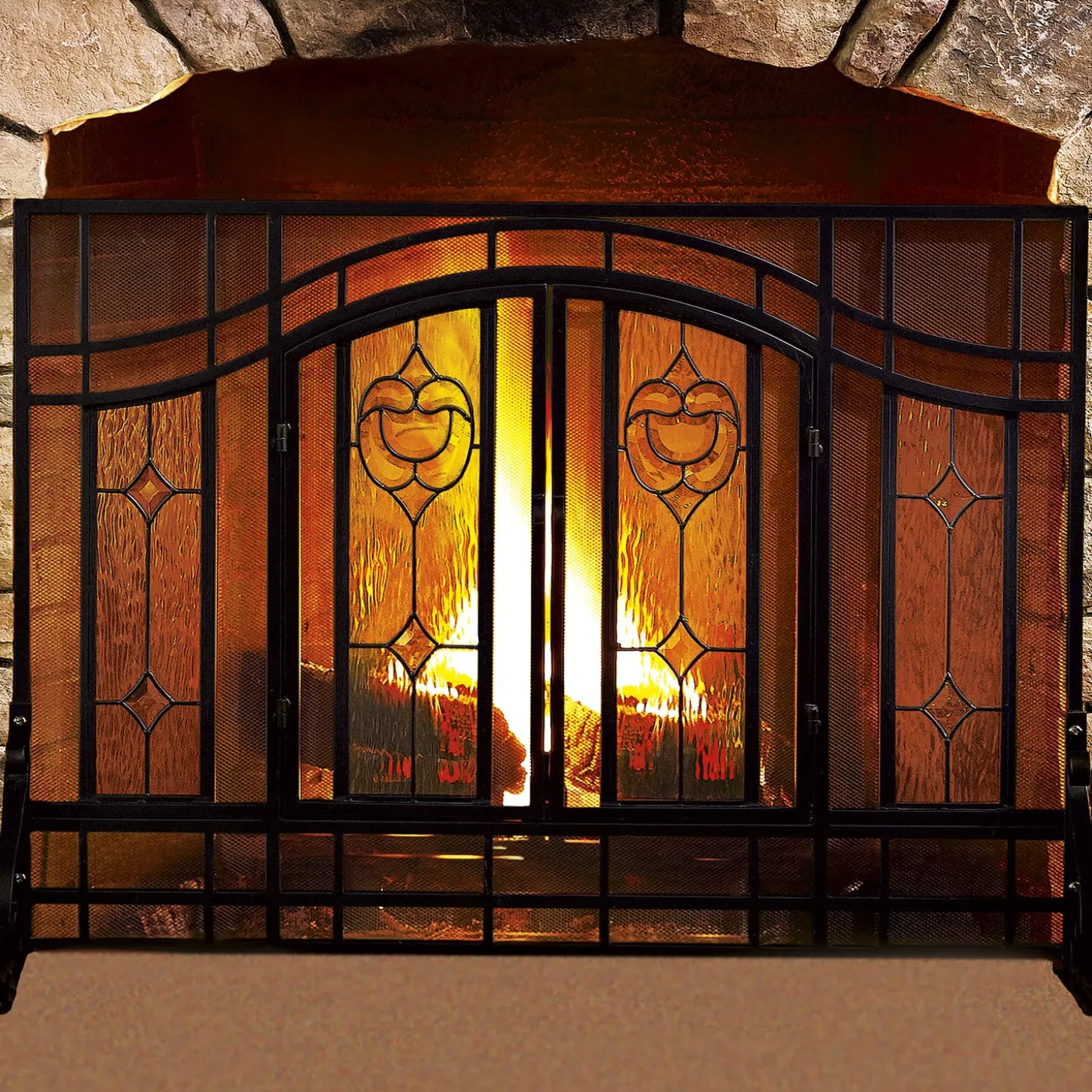 Fireplace Screens With Doors>Plow & Hearth Small Two-Door Fireplace Screen with Glass Floral Panels Black