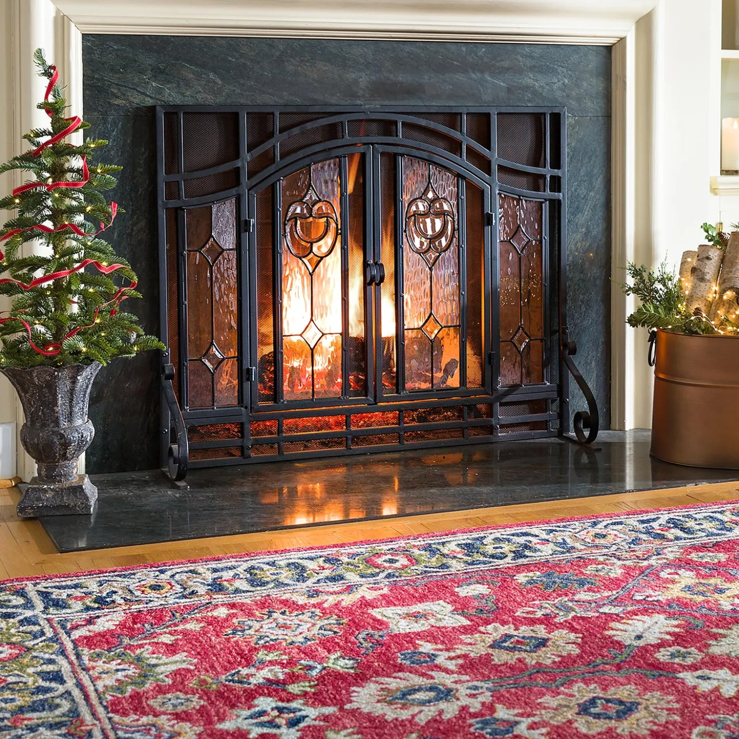 Fireplace Screens With Doors>Plow & Hearth Small Two-Door Fireplace Screen with Glass Floral Panels Black