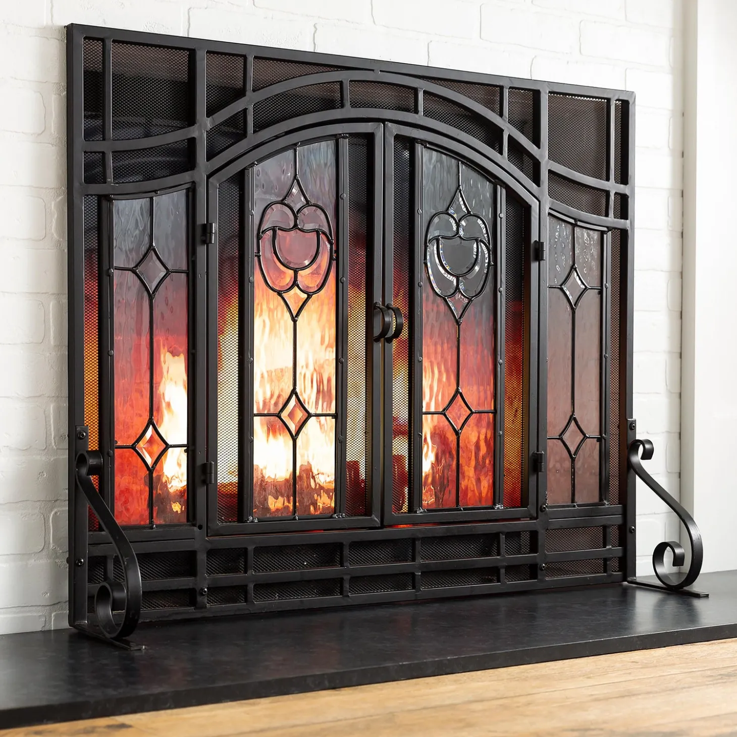 Fireplace Screens With Doors>Plow & Hearth Small Two-Door Fireplace Screen with Glass Floral Panels Black