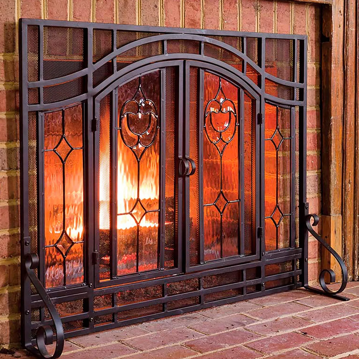 Fireplace Screens With Doors>Plow & Hearth Small Two-Door Fireplace Screen with Glass Floral Panels Black
