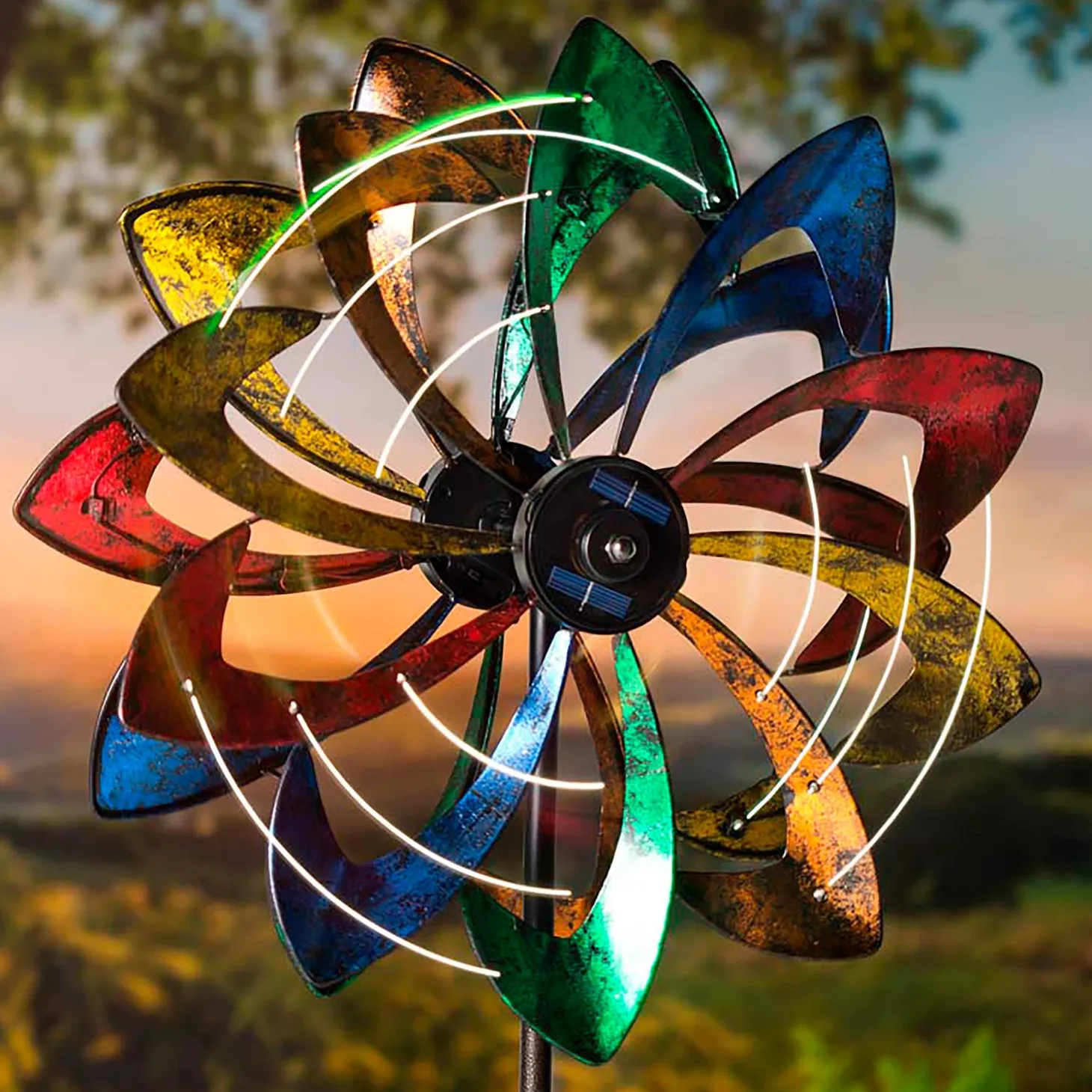 Wind Spinners>Plow & Hearth Solar Lighted LED Flower Metal Wind Spinner with Bi-Direction Rotors Antique