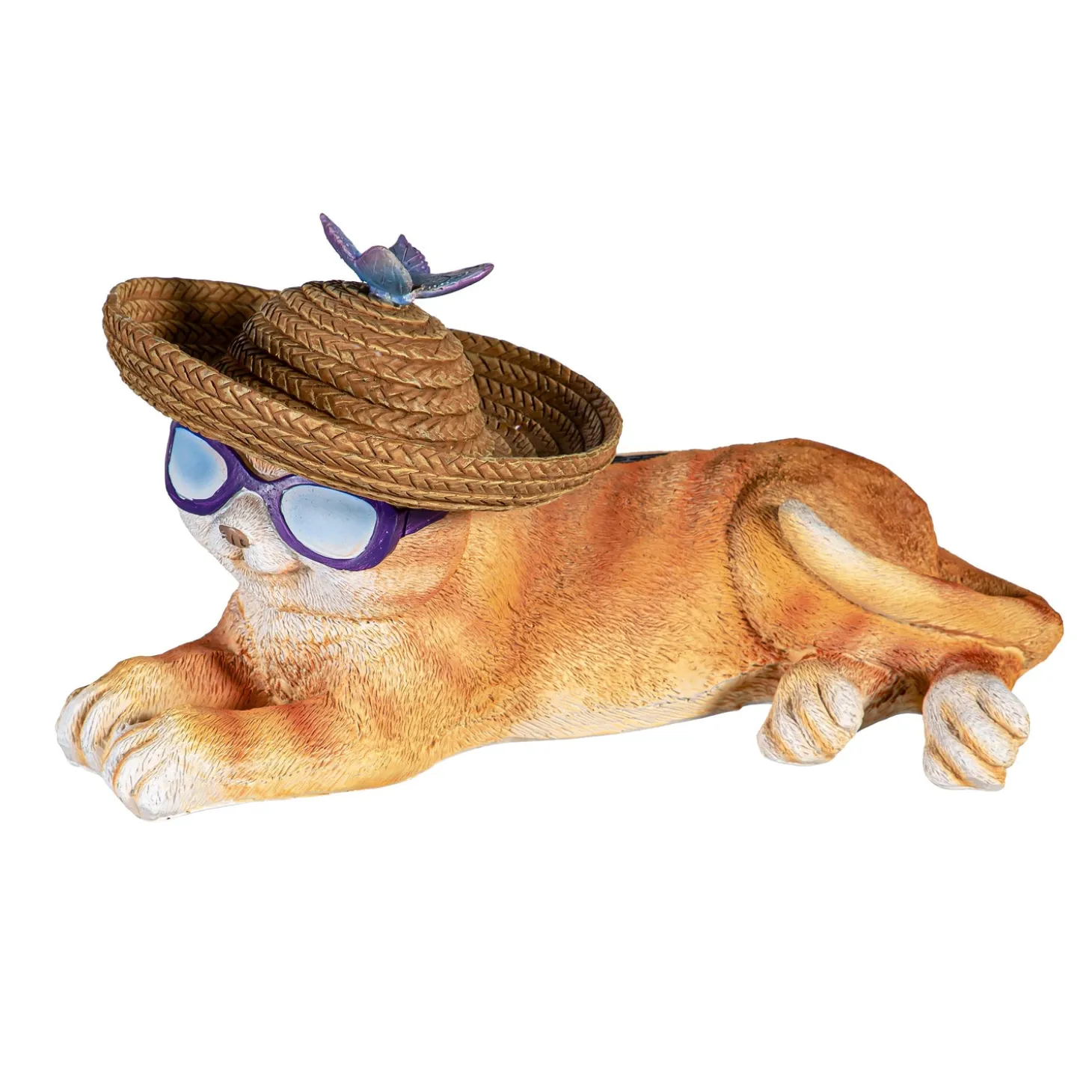 Garden Statues>Plow & Hearth Solar Resin Cat in Sunglasses With Butterfly Sombrero Bird Feeder Hat.
