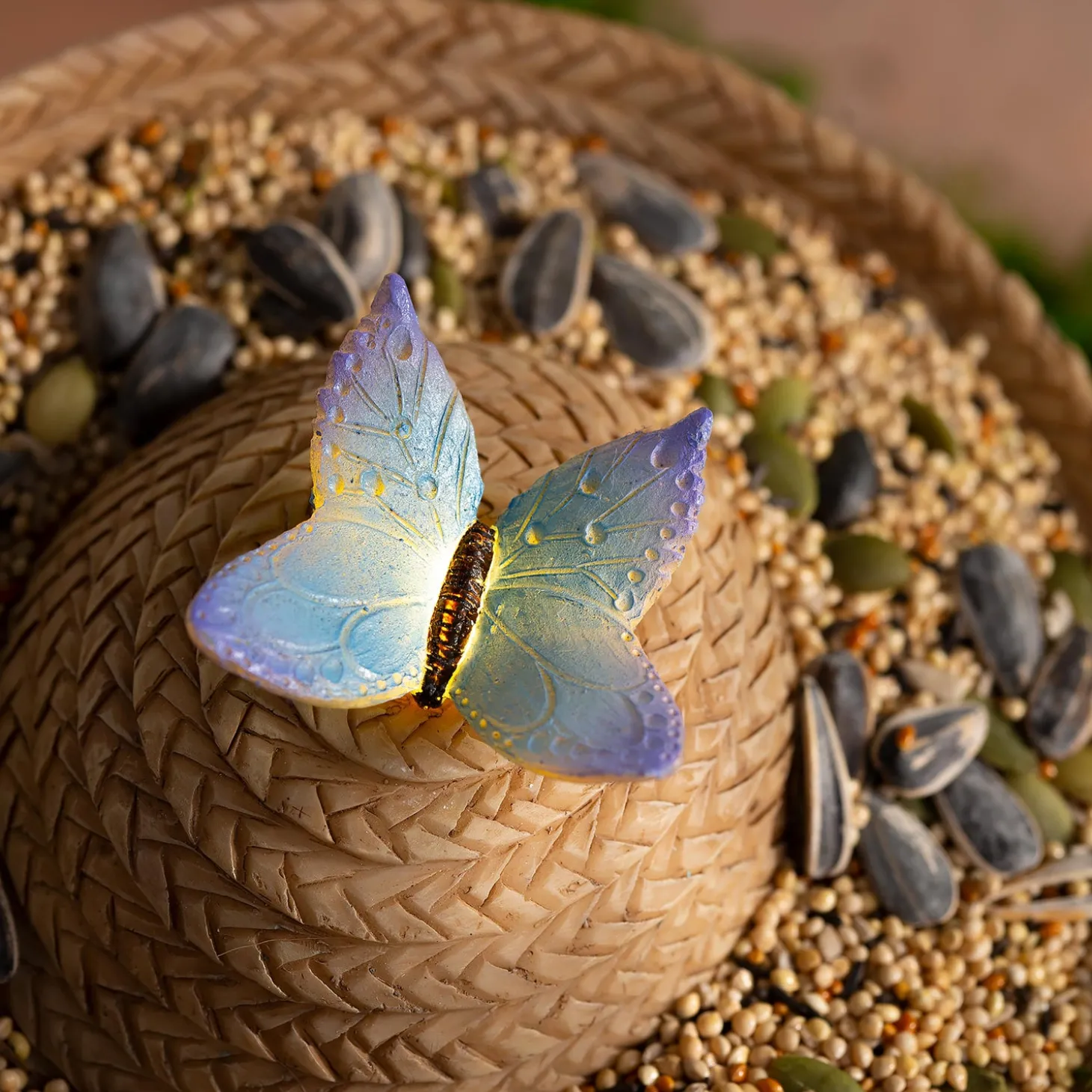 Garden Statues>Plow & Hearth Solar Resin Cat in Sunglasses With Butterfly Sombrero Bird Feeder Hat.