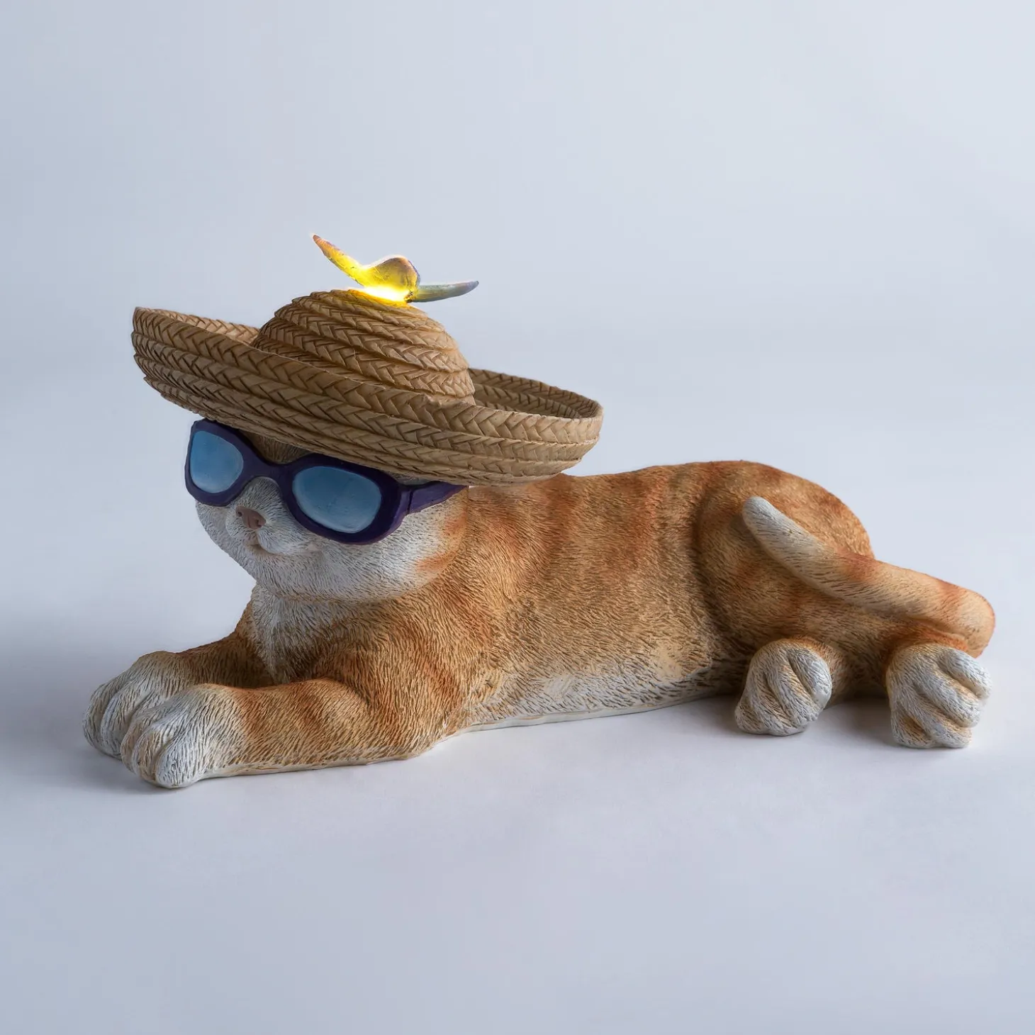 Garden Statues>Plow & Hearth Solar Resin Cat in Sunglasses With Butterfly Sombrero Bird Feeder Hat.