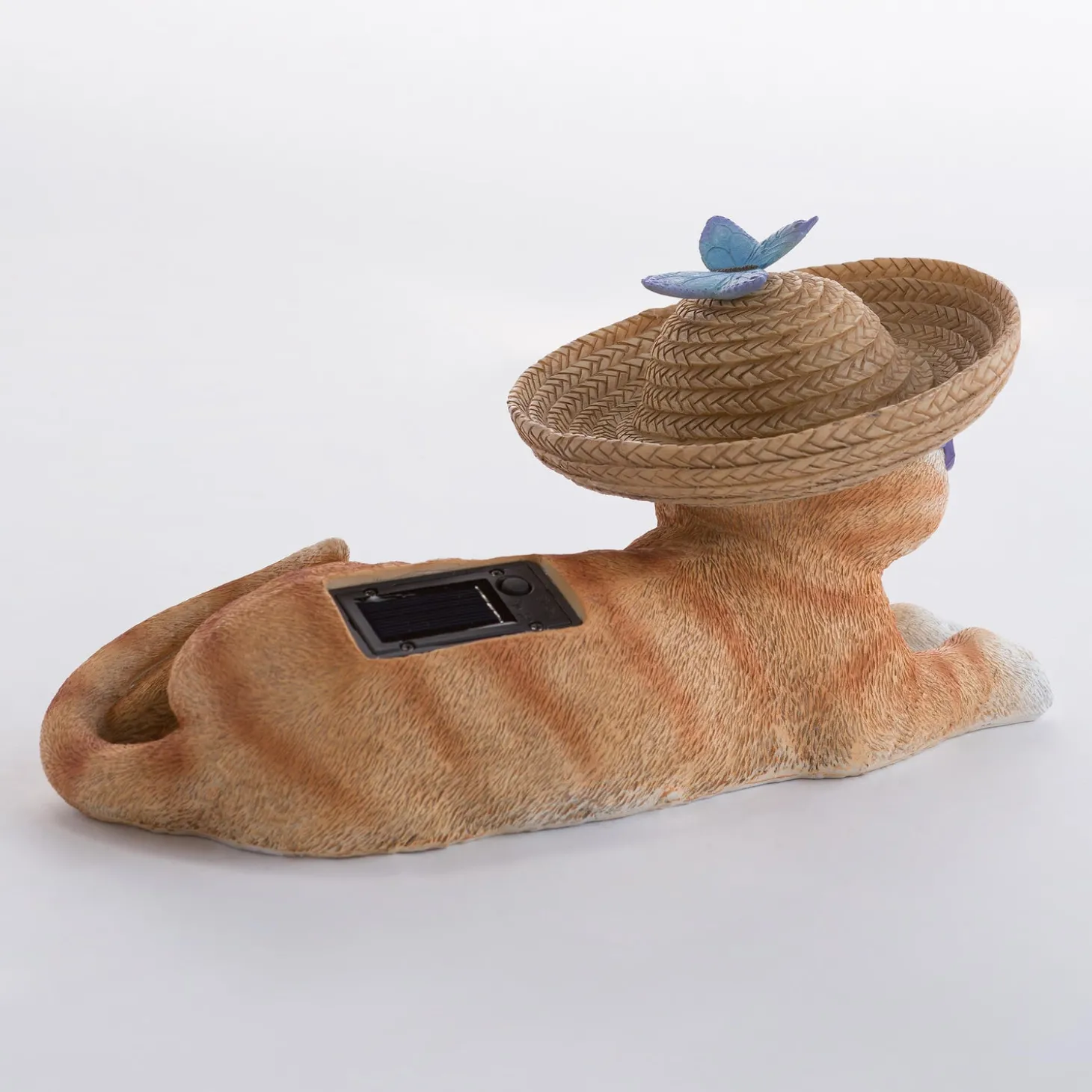 Garden Statues>Plow & Hearth Solar Resin Cat in Sunglasses With Butterfly Sombrero Bird Feeder Hat.