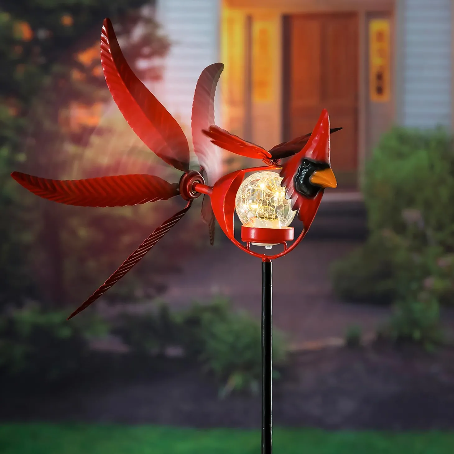 Wind Spinners | Garden Stakes>Plow & Hearth Solar Songbird Metal Wind Spinner with Glass Orb, Cardinal