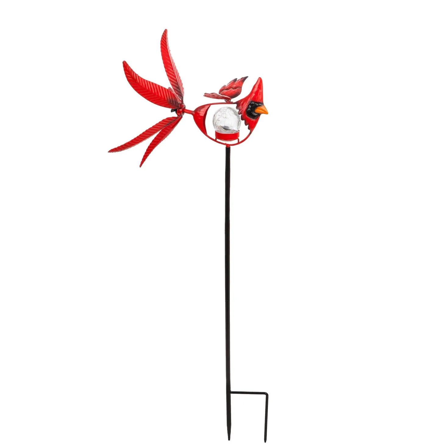 Wind Spinners | Garden Stakes>Plow & Hearth Solar Songbird Metal Wind Spinner with Glass Orb, Cardinal