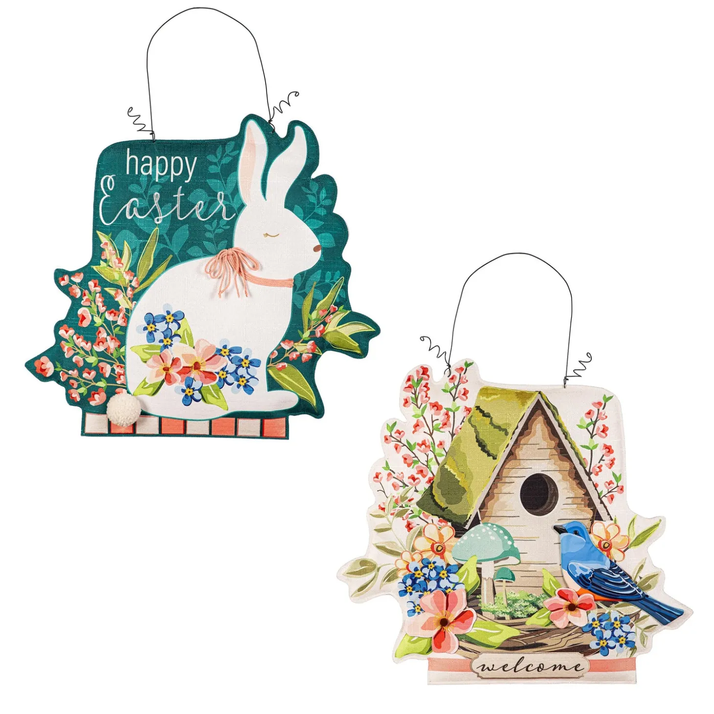 Fabric Door Hangers>Plow & Hearth Spring Birdhouse Welcome/Easter Bunny with Floral Double Sided Estate Door Décor