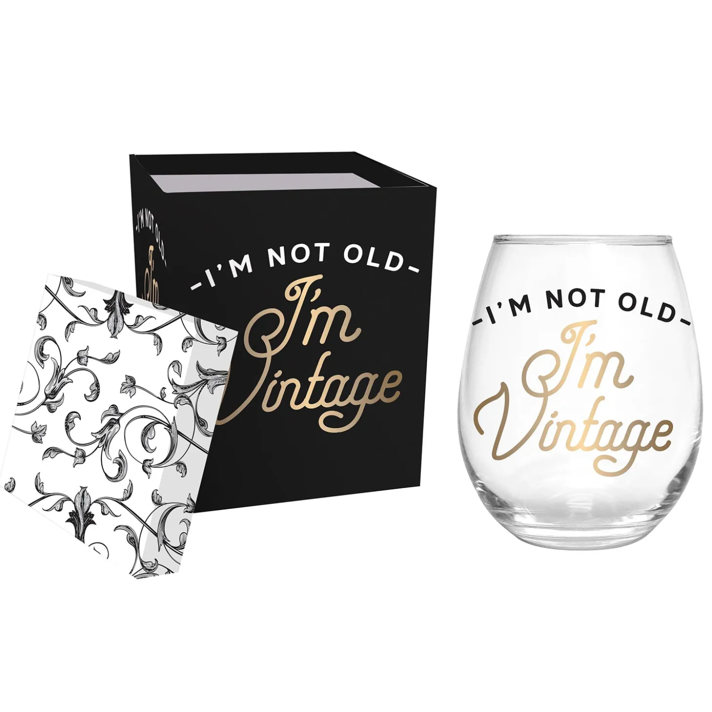 Wine Glasses>Plow & Hearth Stemless Wine Glass w/box, 17 OZ., I'm not old I'm Vintage